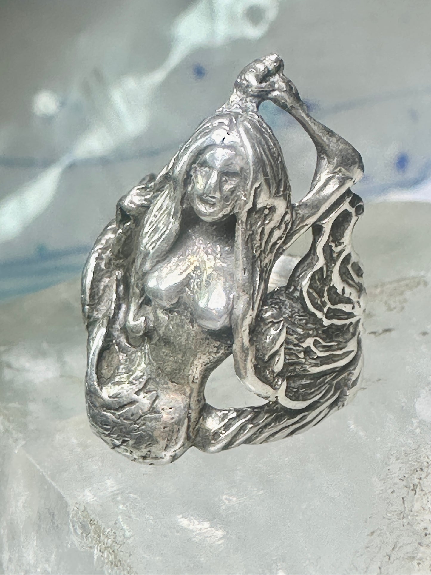 Vintage Mermaid ring waves ocean figure figurative band size 6 sterling silver