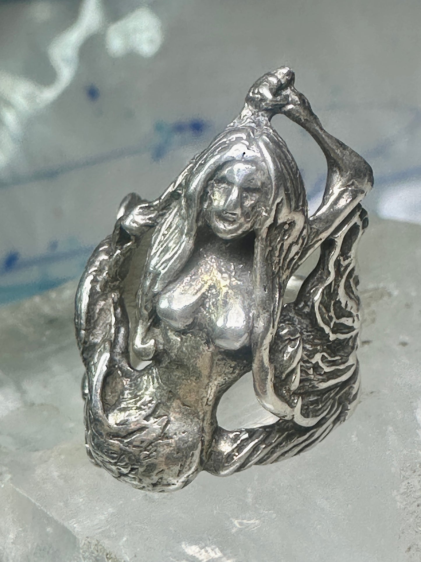 Vintage Mermaid ring waves ocean figure figurative band size 6 sterling silver