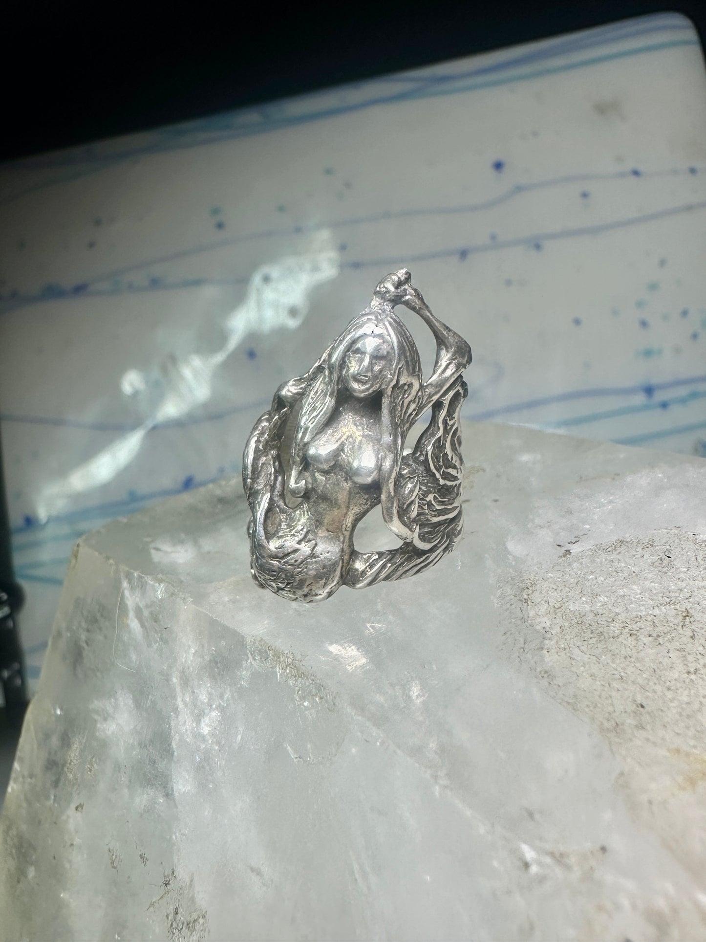 Vintage Mermaid ring waves ocean figure figurative band size 6 sterling silver