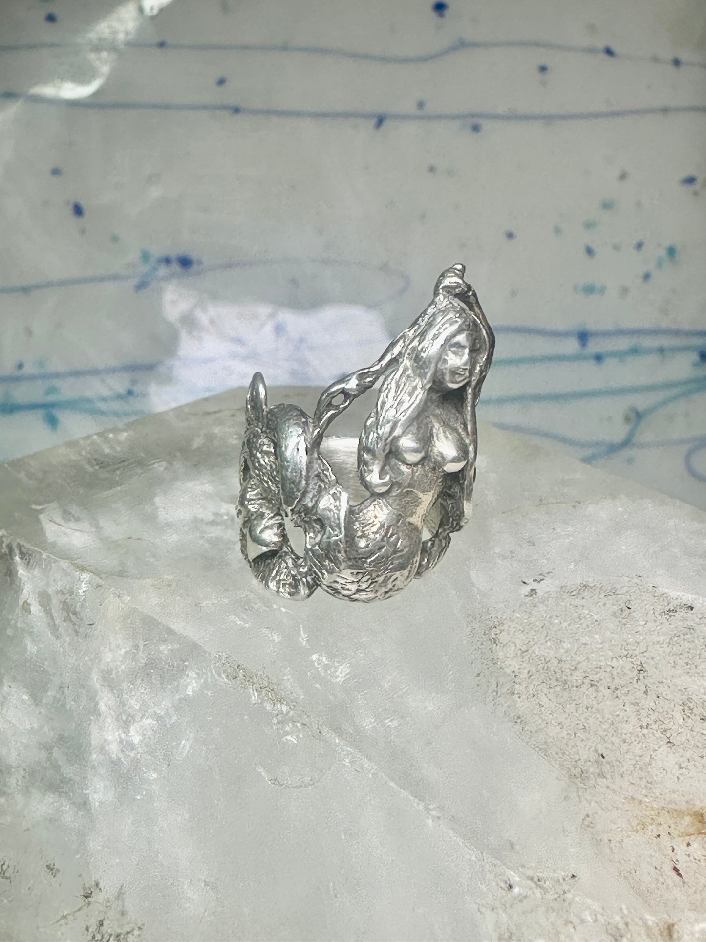 Vintage Mermaid ring waves ocean figure figurative band size 6 sterling silver
