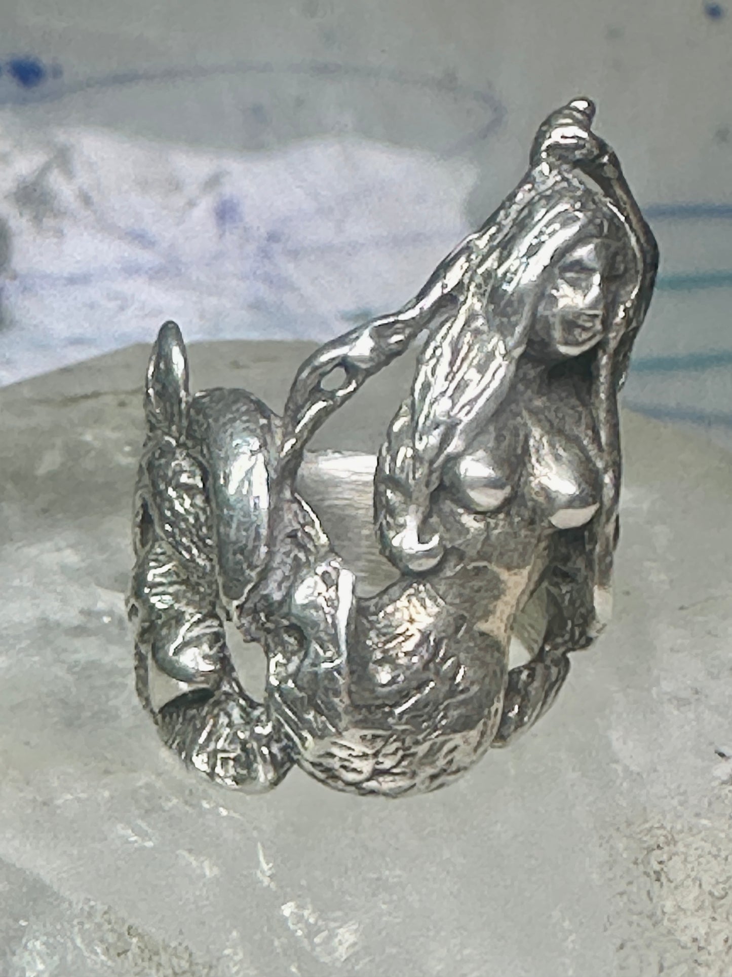 Vintage Mermaid ring waves ocean figure figurative band size 6 sterling silver