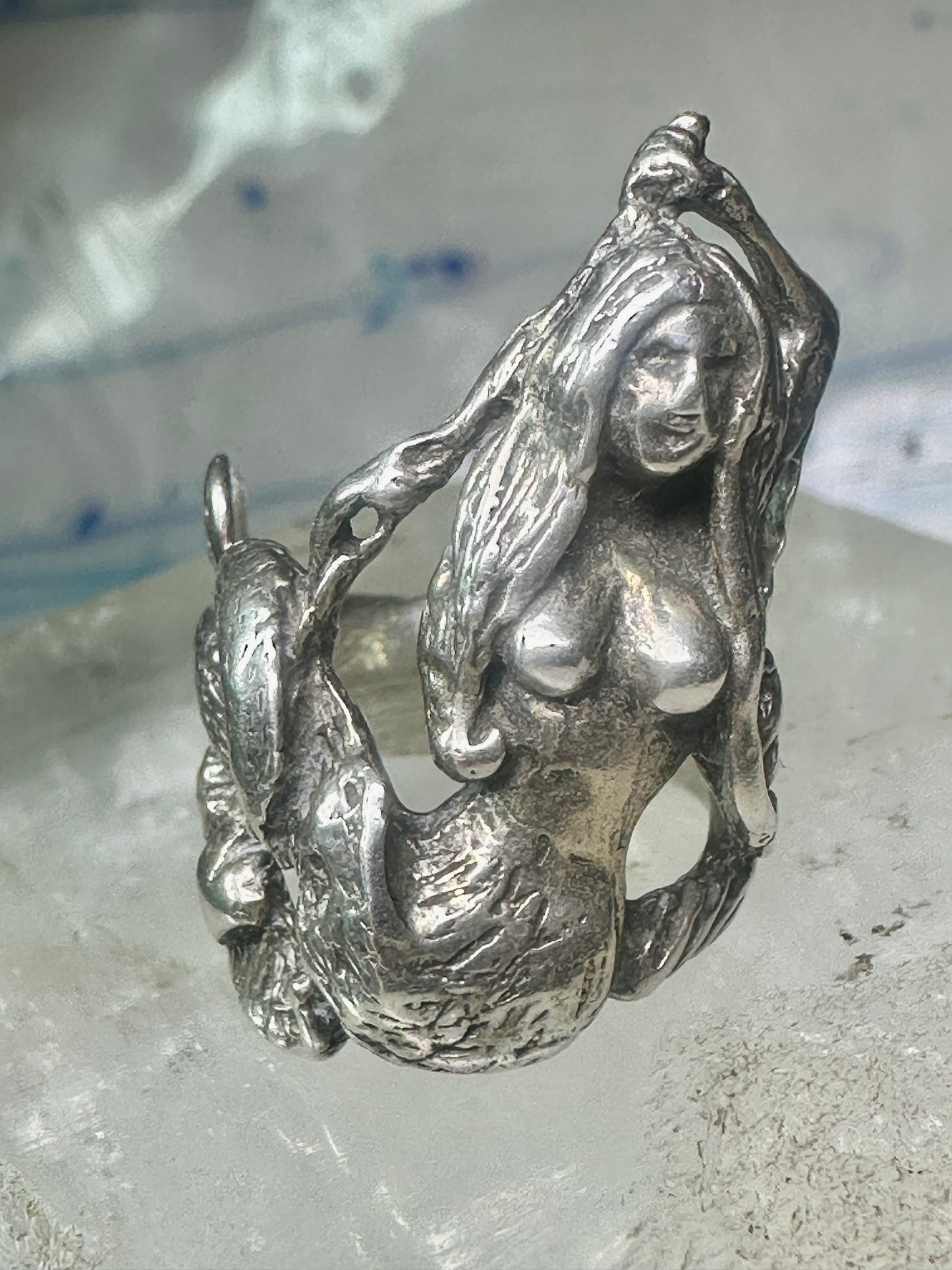Vintage Mermaid ring waves ocean figure figurative band size 6 sterling silver