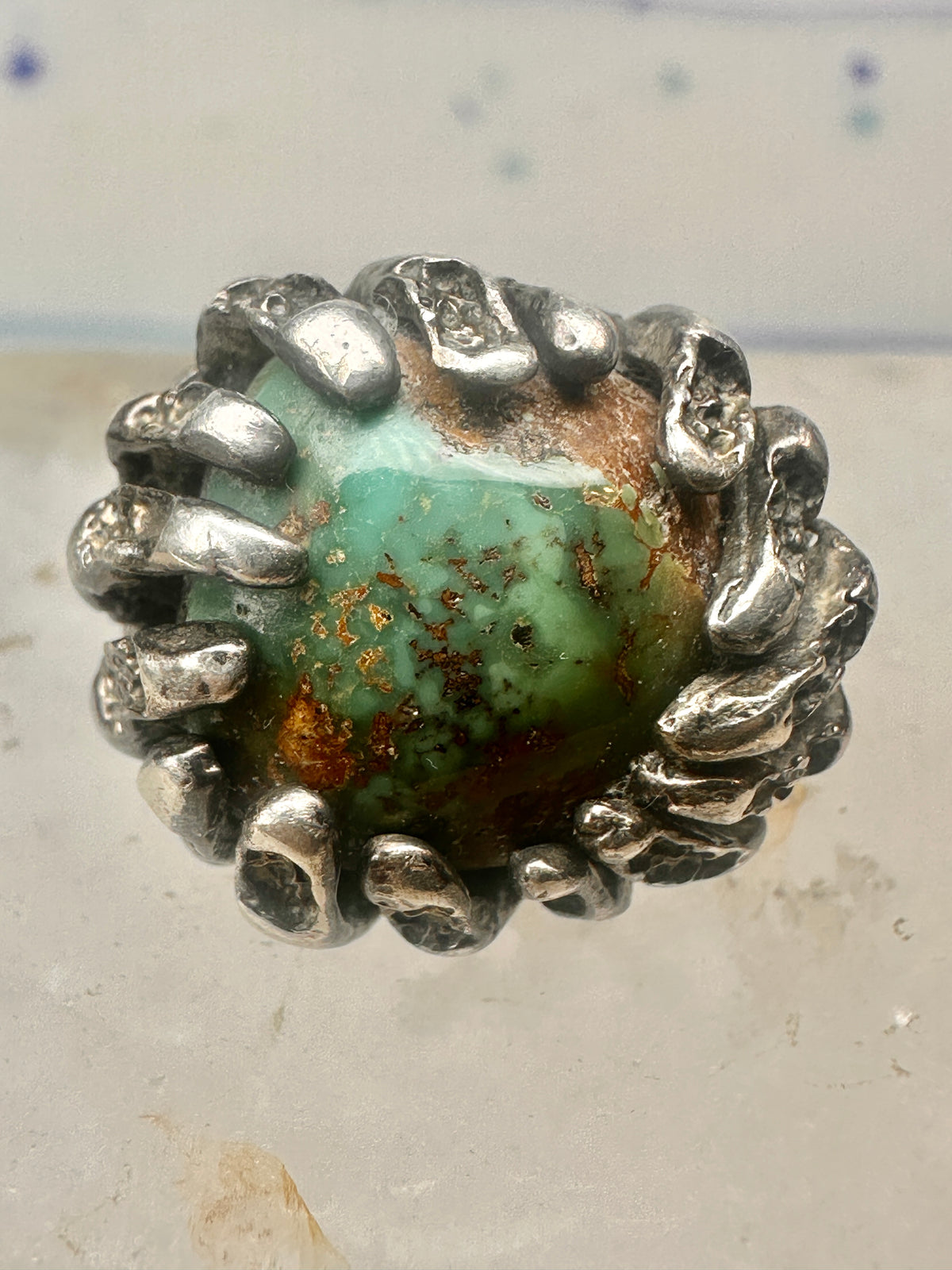 Vintage Sterling Silver Brutalist Organic Molten Turquoise Nugget Statement Ring Size 5.25 925
