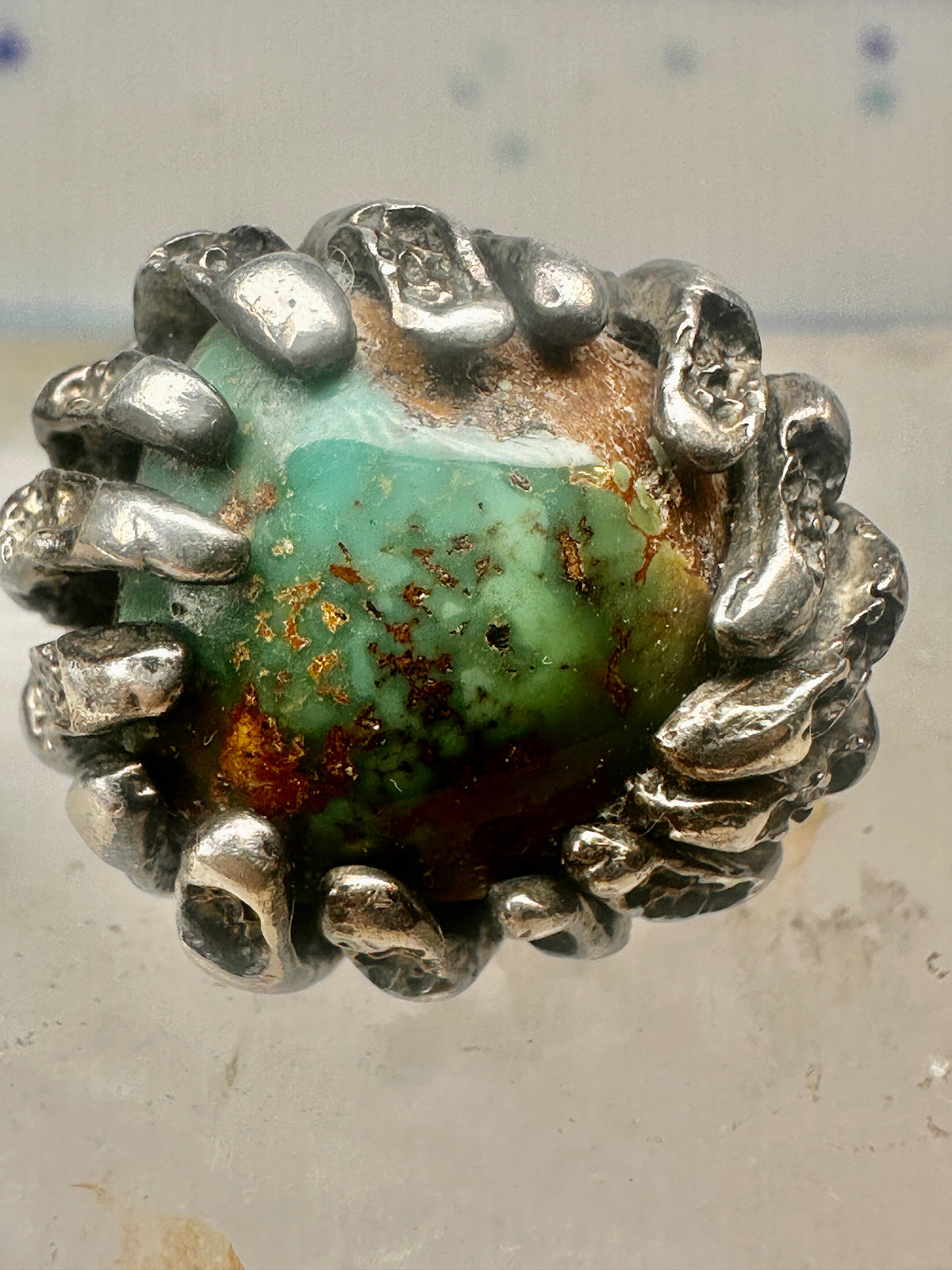 Vintage Sterling Silver Brutalist Organic Molten Turquoise Nugget Statement Ring Size 5.25 925