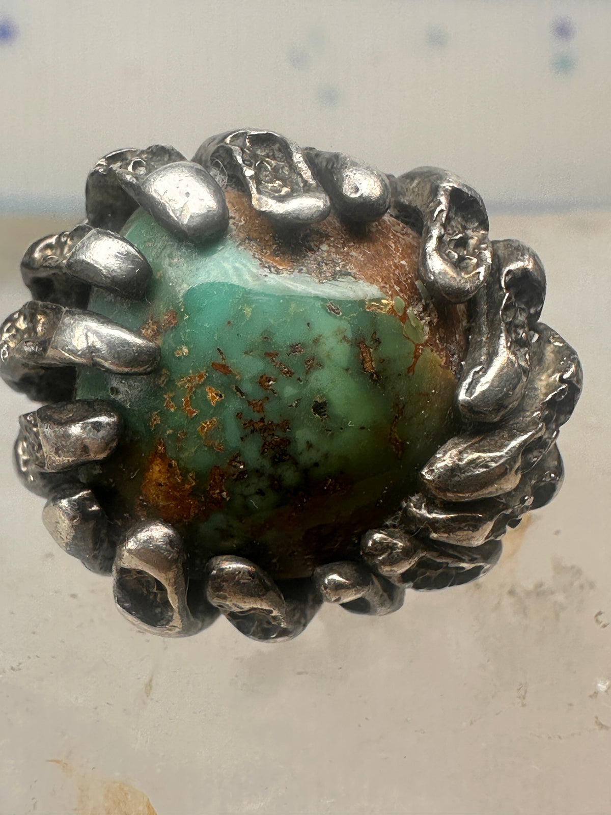 Vintage Sterling Silver Brutalist Organic Molten Turquoise Nugget Statement Ring Size 5.25 925