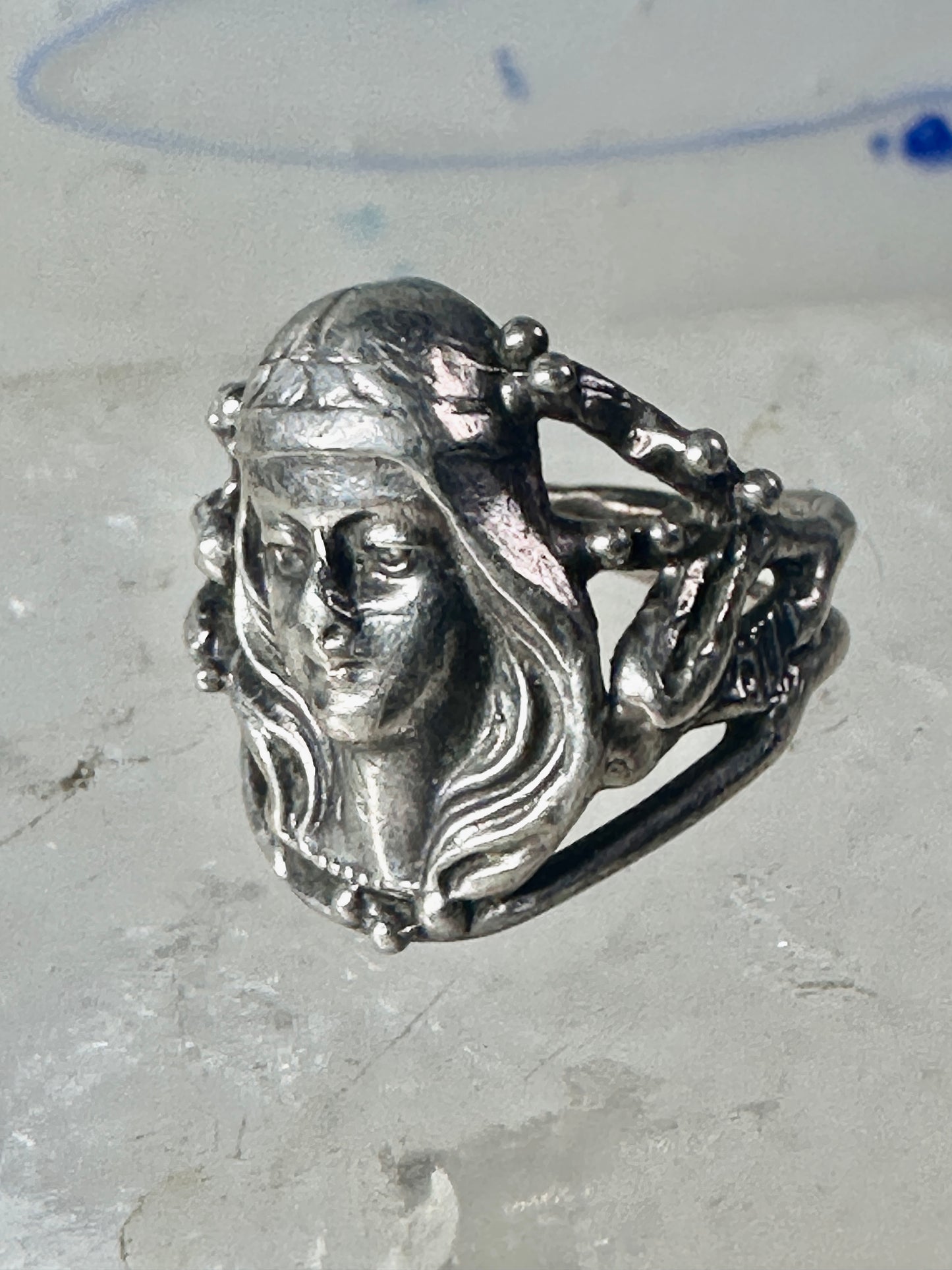 Face ring art deco style band sterling silver size 4.25 girls women girls