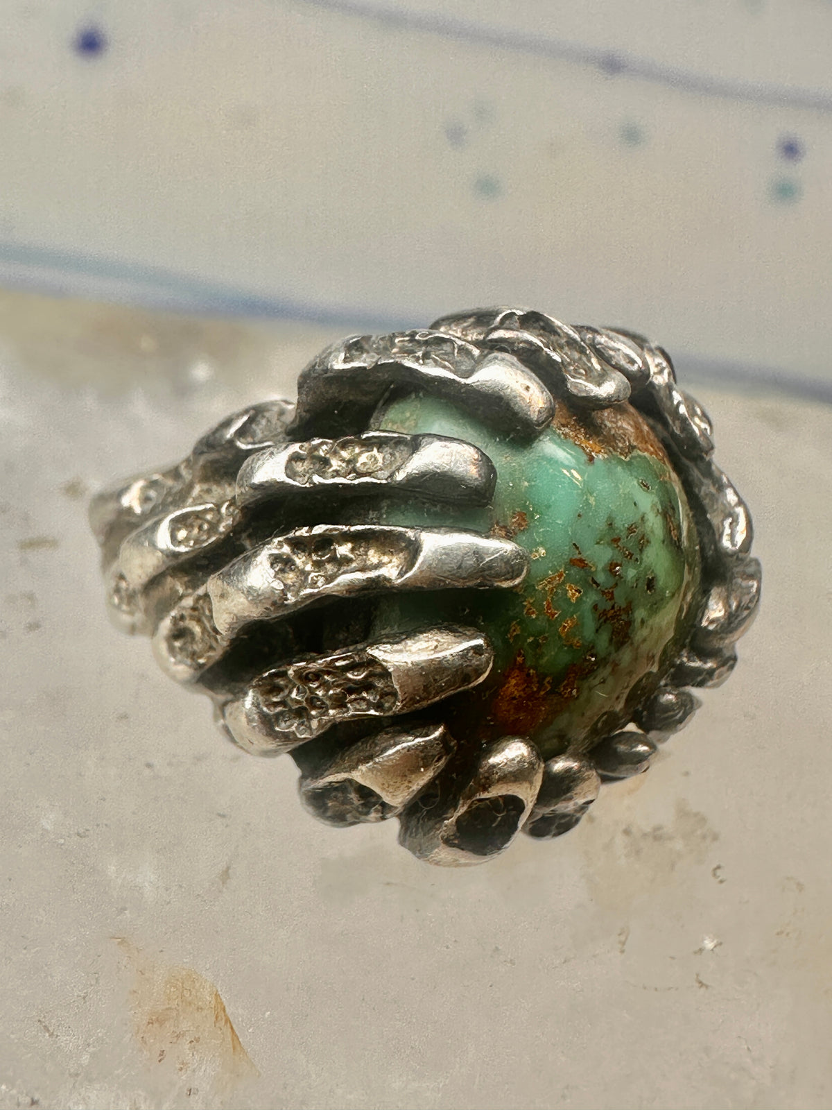 Vintage Sterling Silver Brutalist Organic Molten Turquoise Nugget Statement Ring Size 5.25 925
