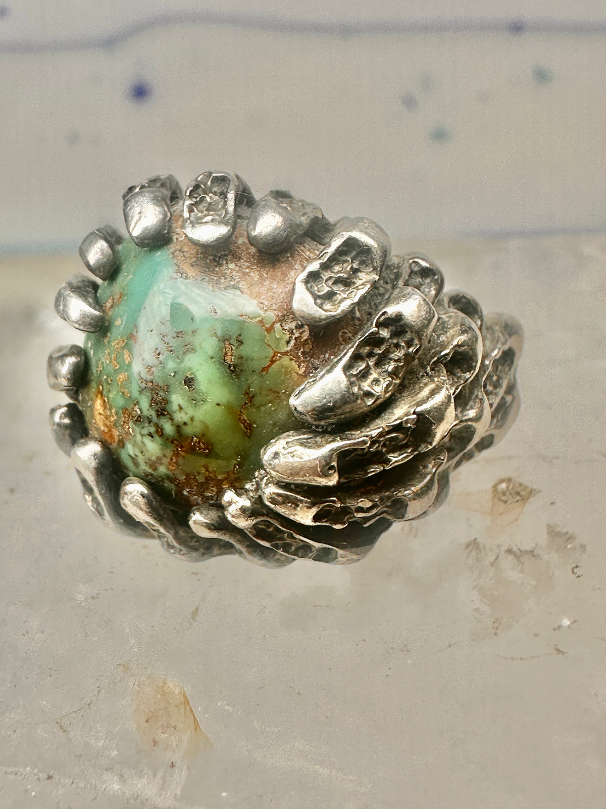 Vintage Sterling Silver Brutalist Organic Molten Turquoise Nugget Statement Ring Size 5.25 925