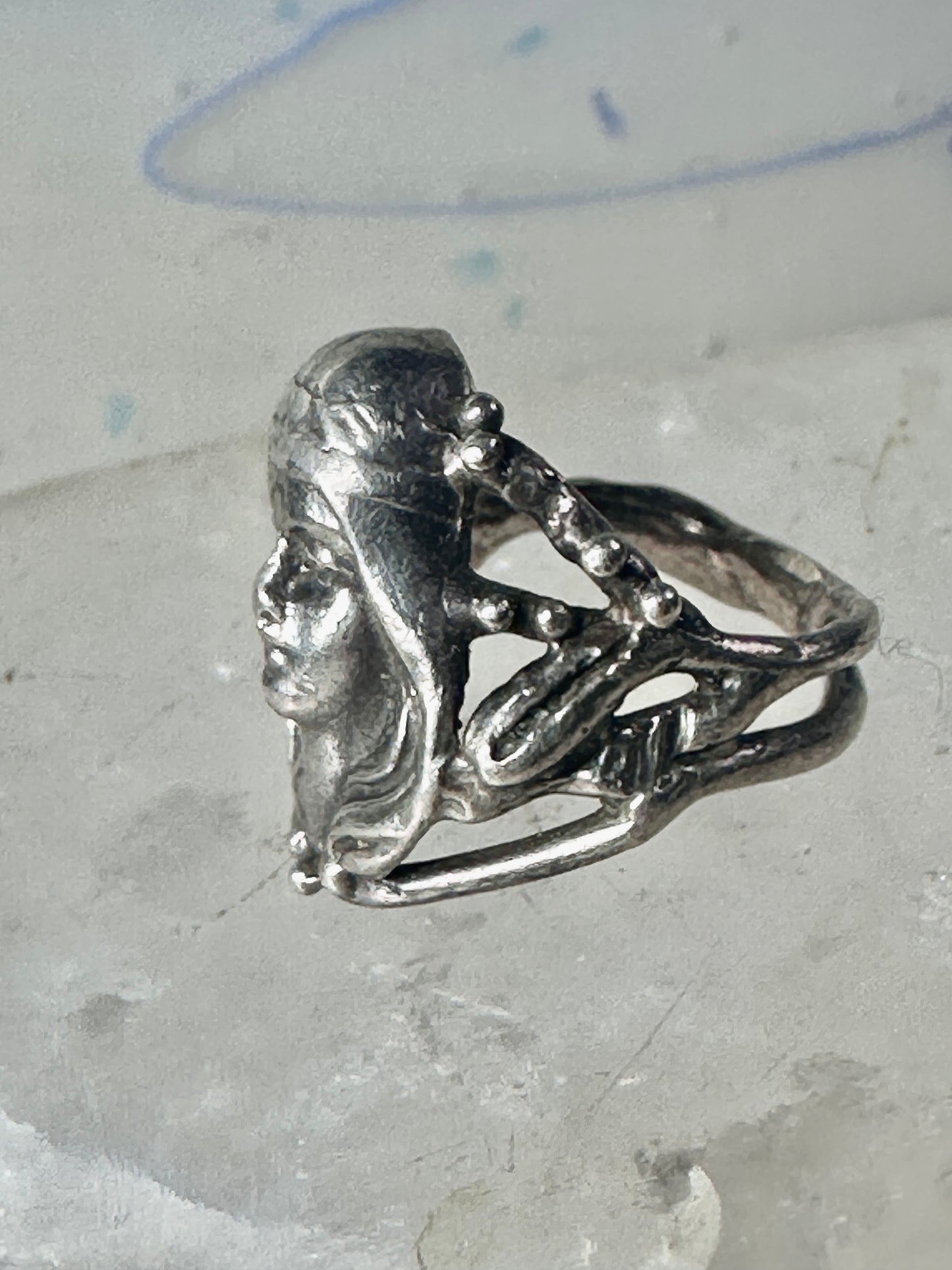 Face ring art deco style band sterling silver size 4.25 girls women girls