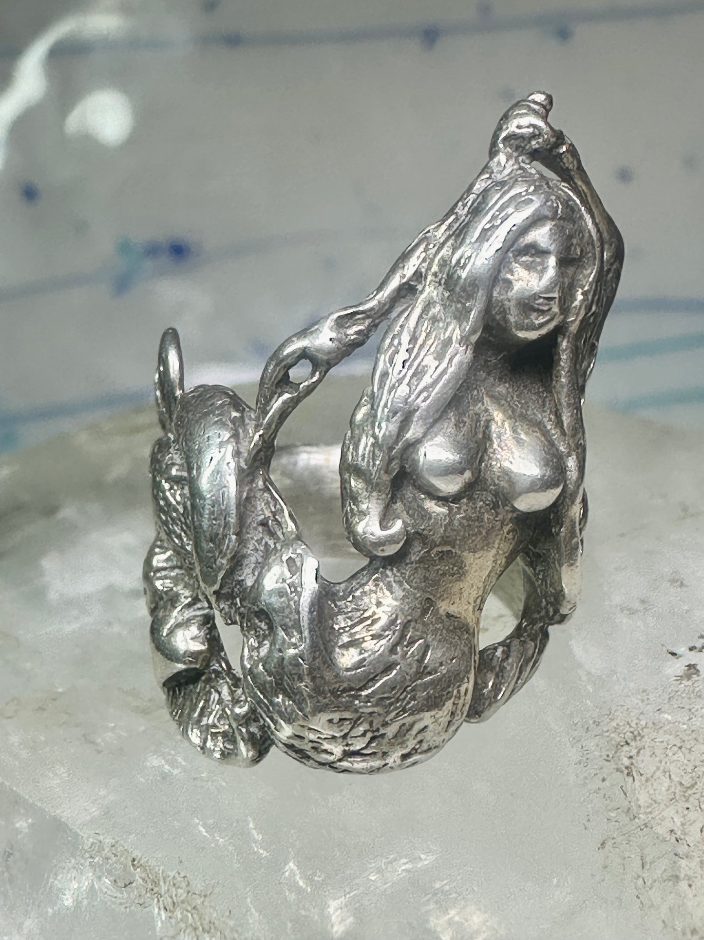 Vintage Mermaid ring waves ocean figure figurative band size 6 sterling silver