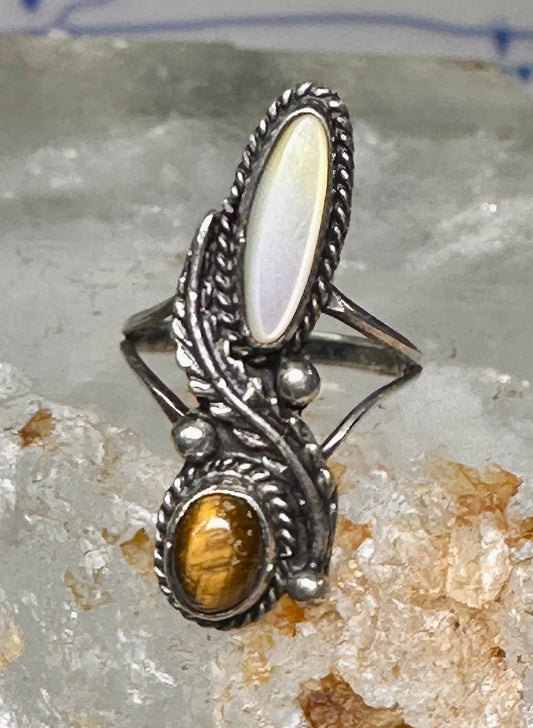 Navajo ring Mop Long  mother of pearl tiger eye size 4 sterling silver women girls