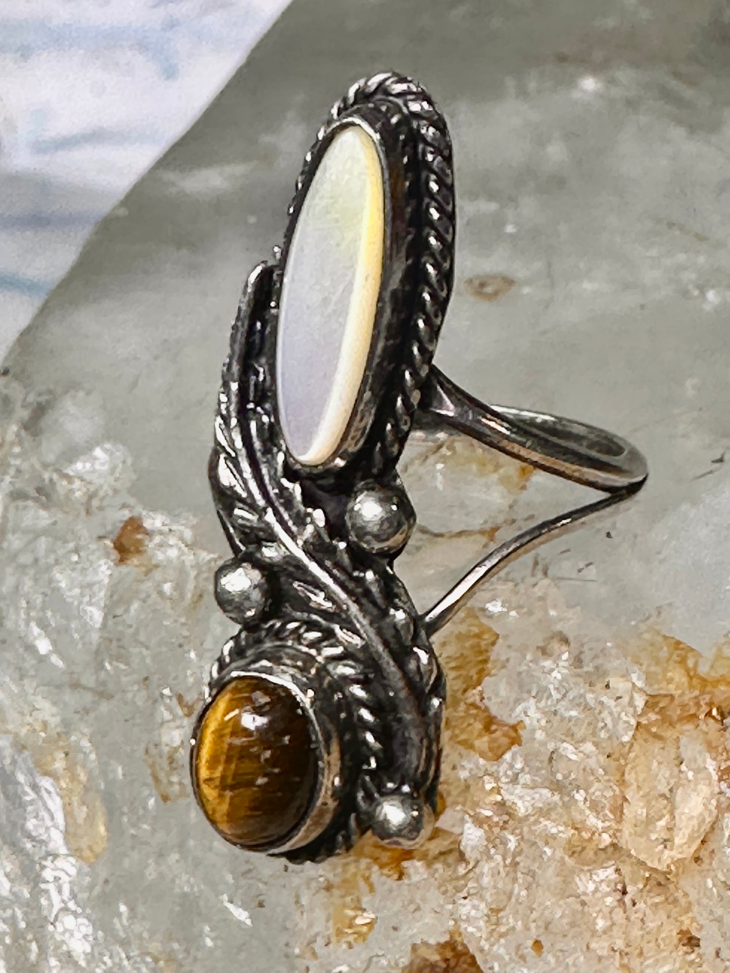 Navajo ring Mop Long  mother of pearl tiger eye size 4 sterling silver women girls