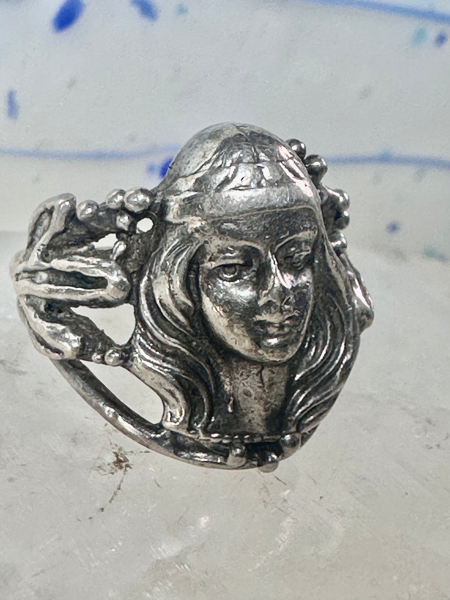 Face ring art deco style band sterling silver size 4.25 girls women girls