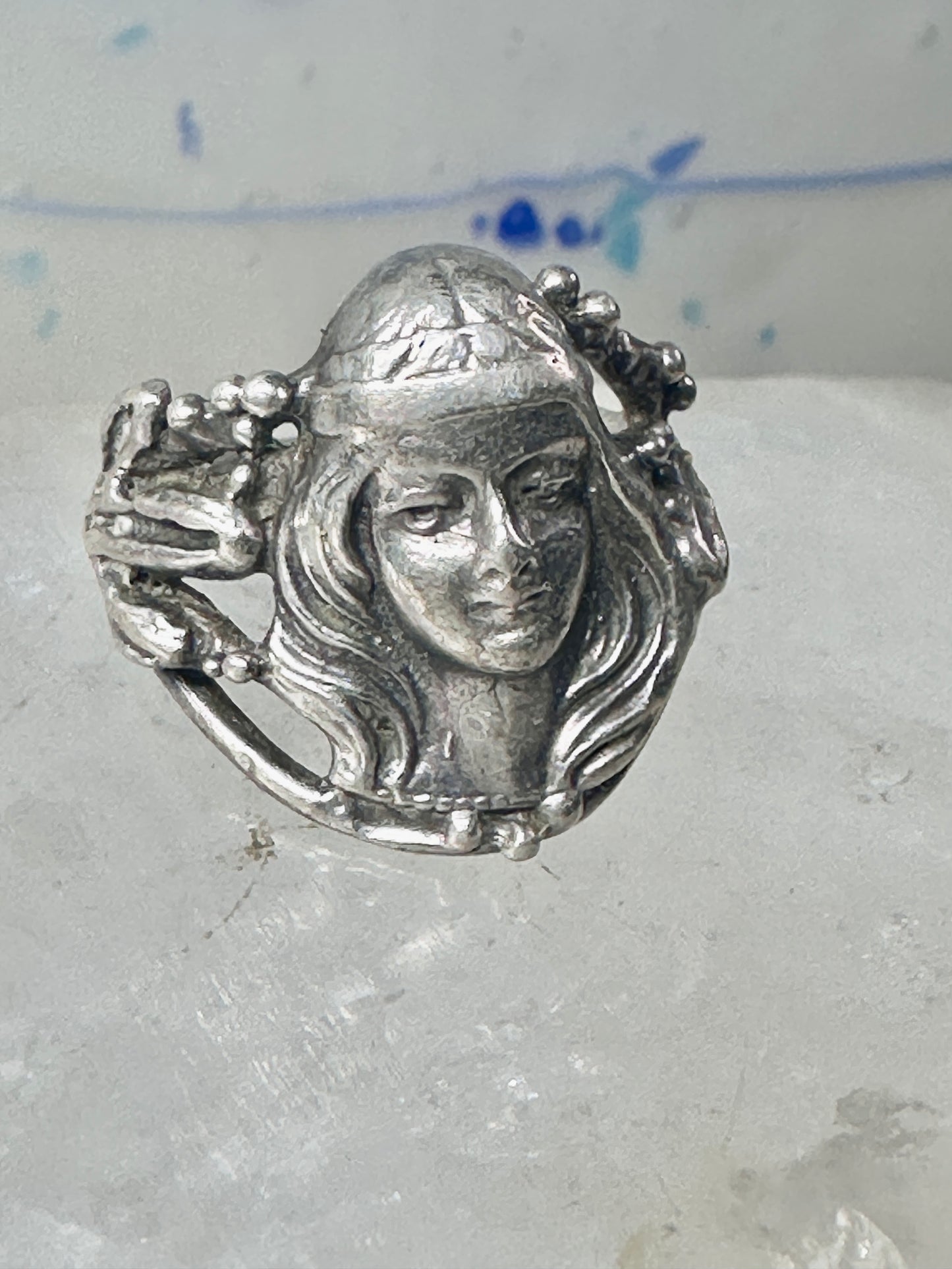 Face ring art deco style band sterling silver size 4.25 girls women girls