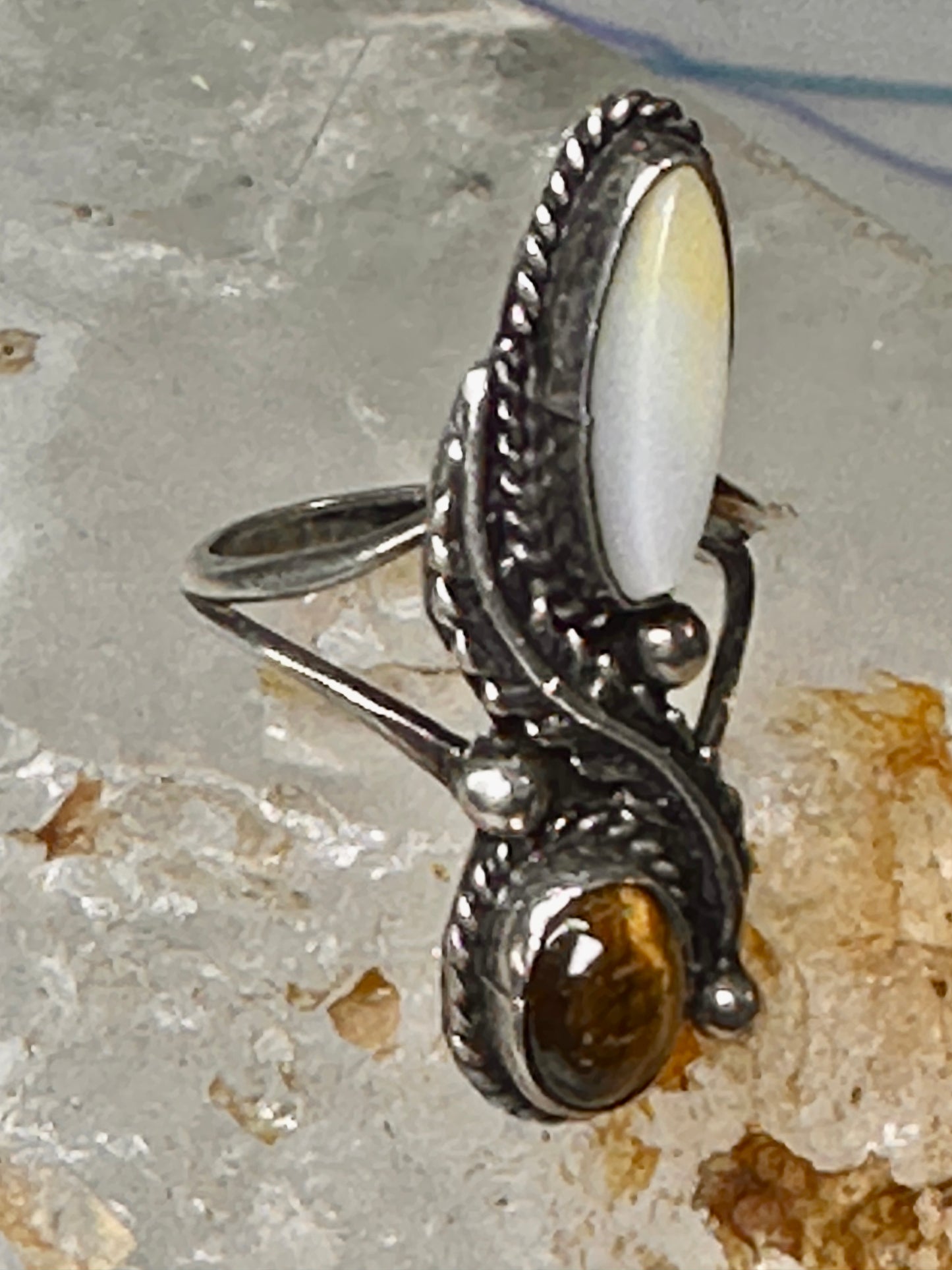 Navajo ring Mop Long  mother of pearl tiger eye size 4 sterling silver women girls