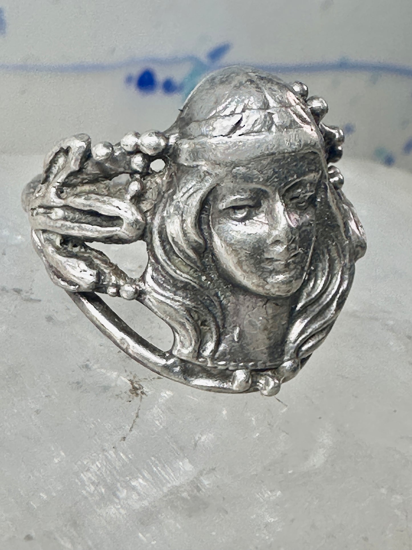 Face ring art deco style band sterling silver size 4.25 girls women girls