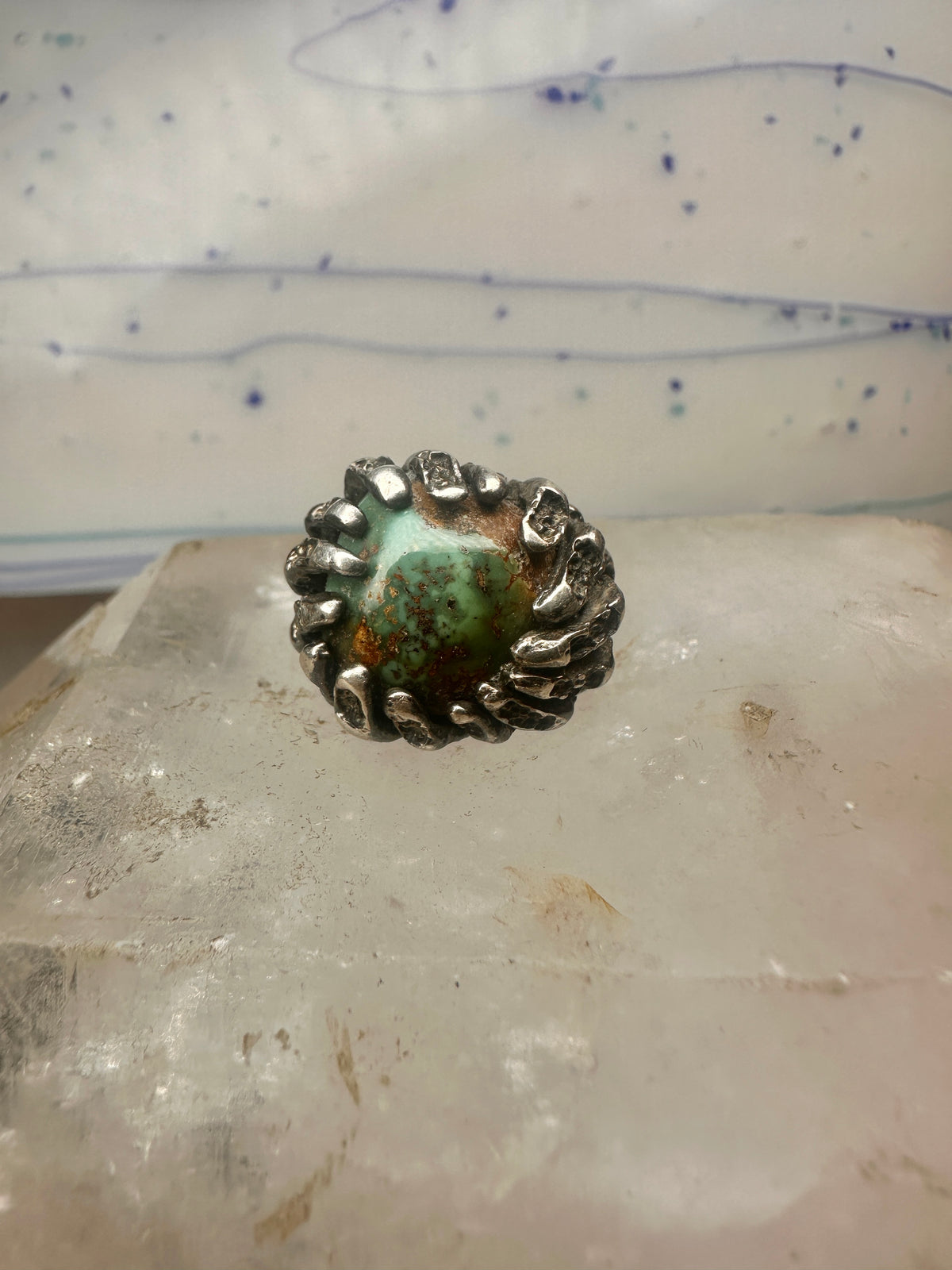 Vintage Sterling Silver Brutalist Organic Molten Turquoise Nugget Statement Ring Size 5.25 925