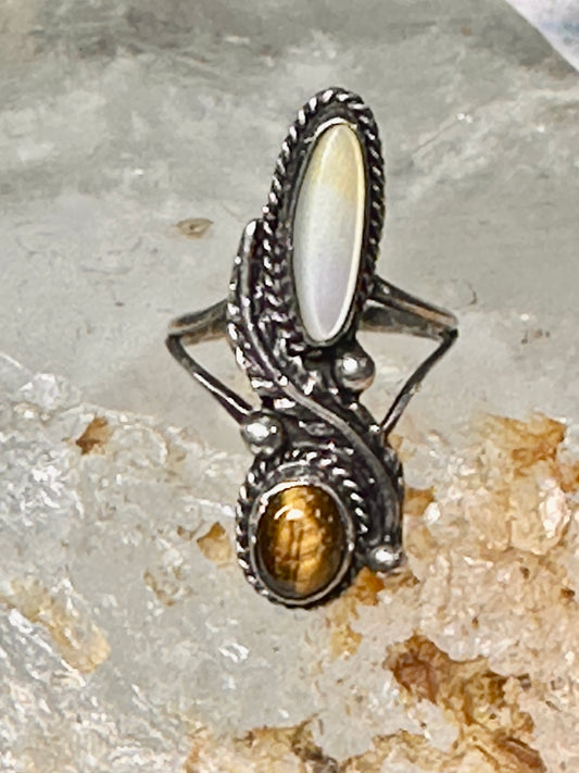 Navajo ring Mop Long  mother of pearl tiger eye size 4 sterling silver women girls