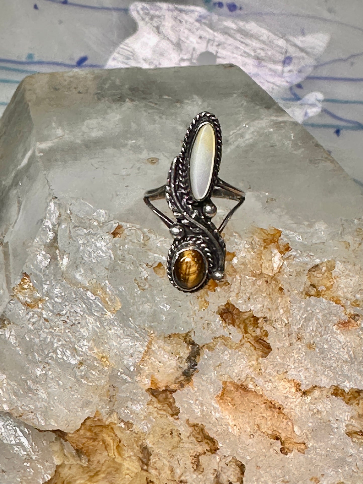 Navajo ring Mop Long  mother of pearl tiger eye size 4 sterling silver women girls