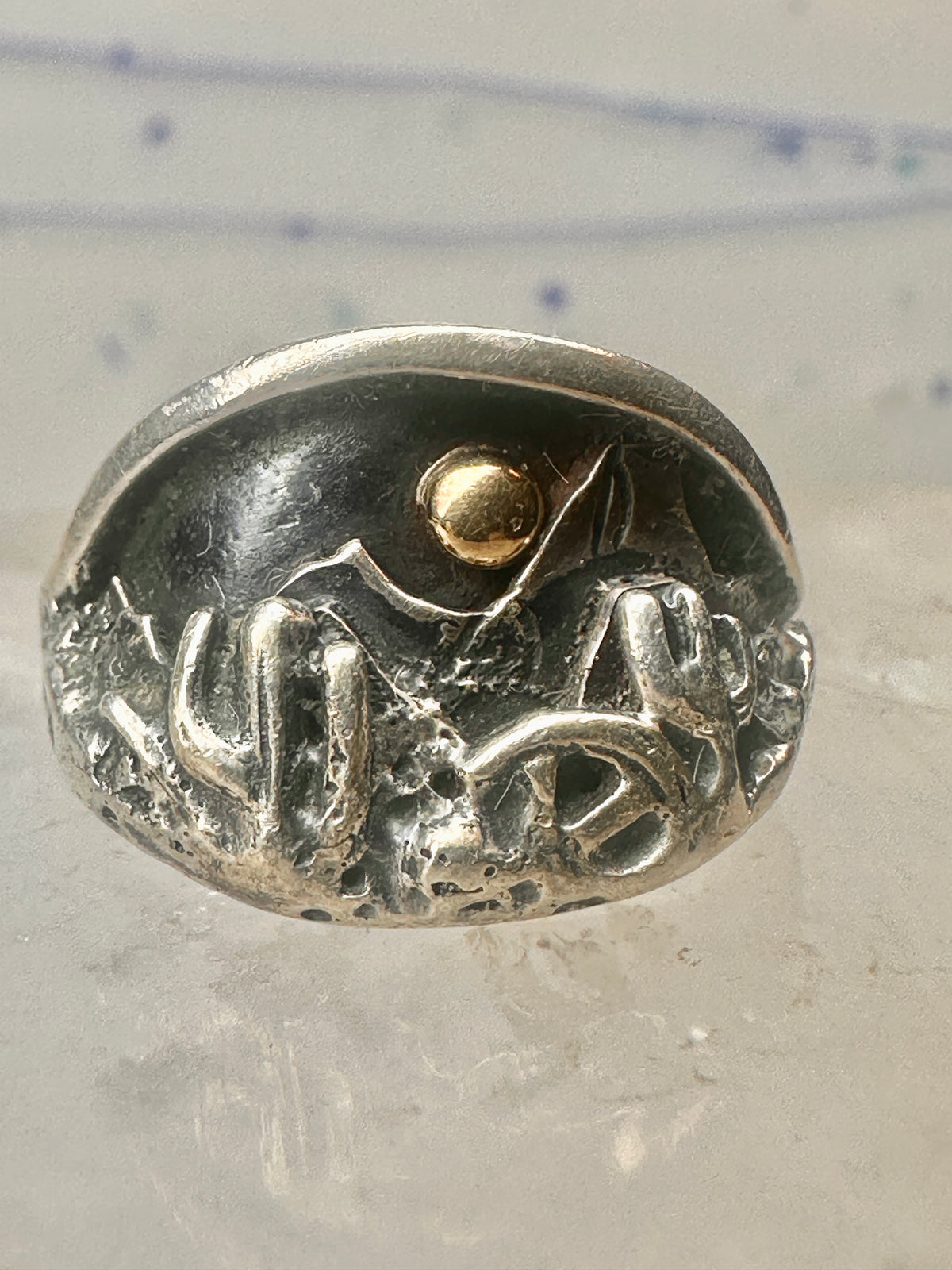 Vintage Sterling Silver Gold Accent Mixed Metal Desert Landscape Cactus Ring Size 8.50