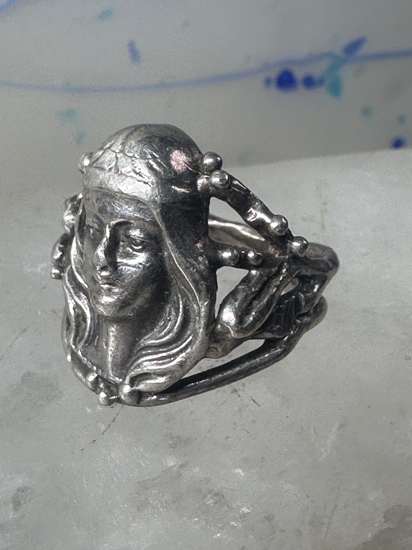 Face ring art deco style band sterling silver size 4.25 girls women girls