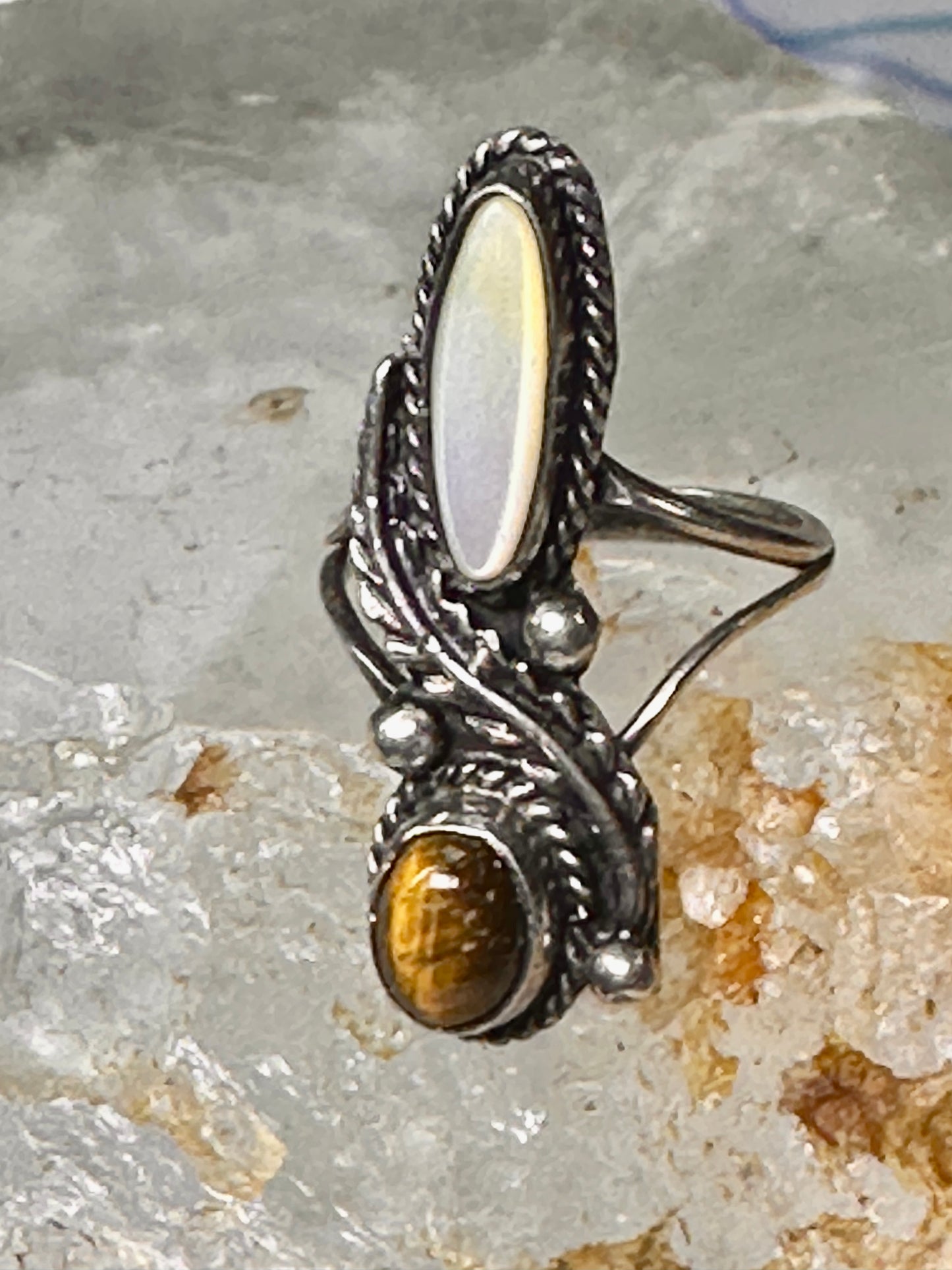 Navajo ring Mop Long  mother of pearl tiger eye size 4 sterling silver women girls