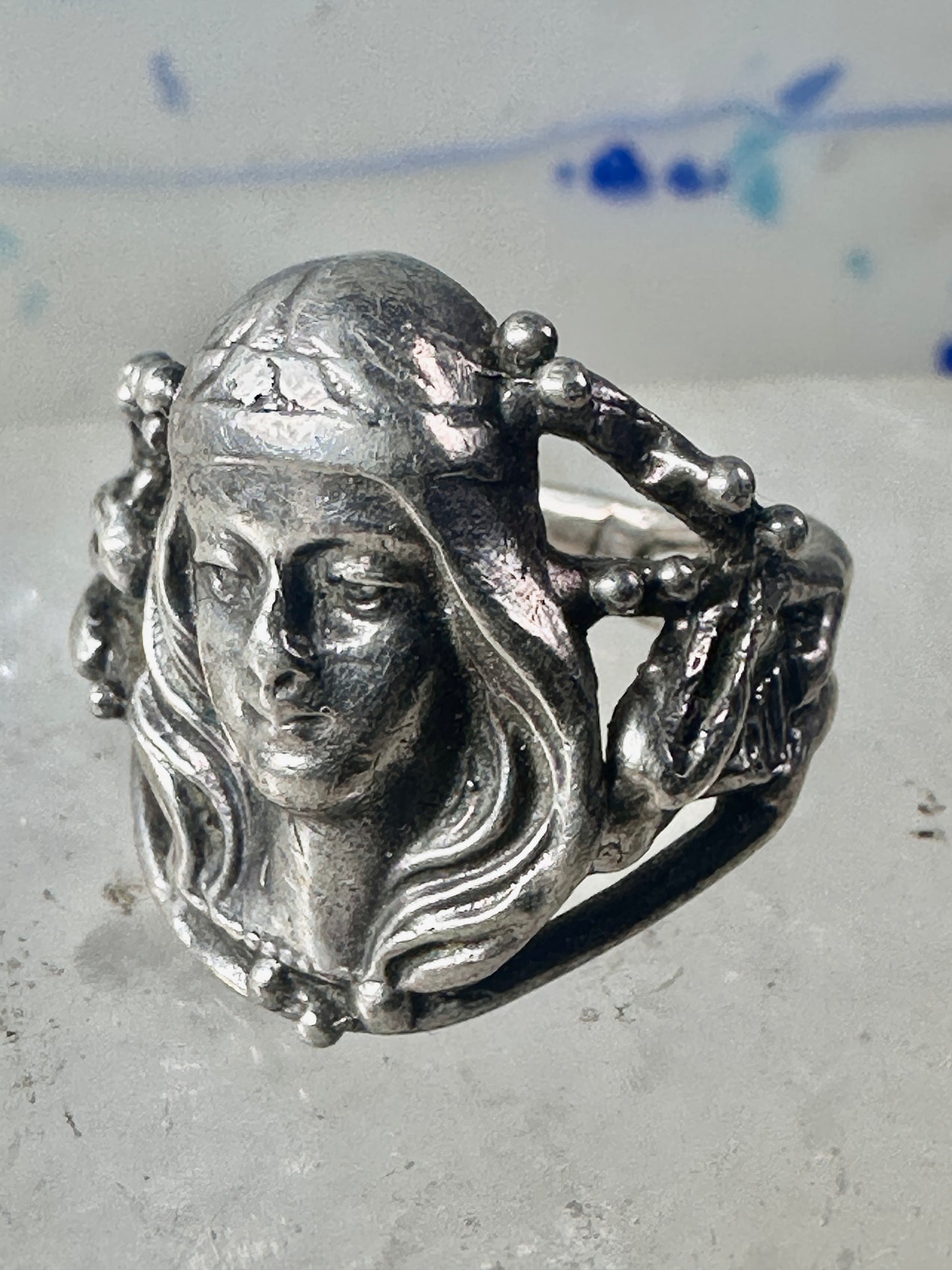 Face ring art deco style band sterling silver size 4.25 girls women girls