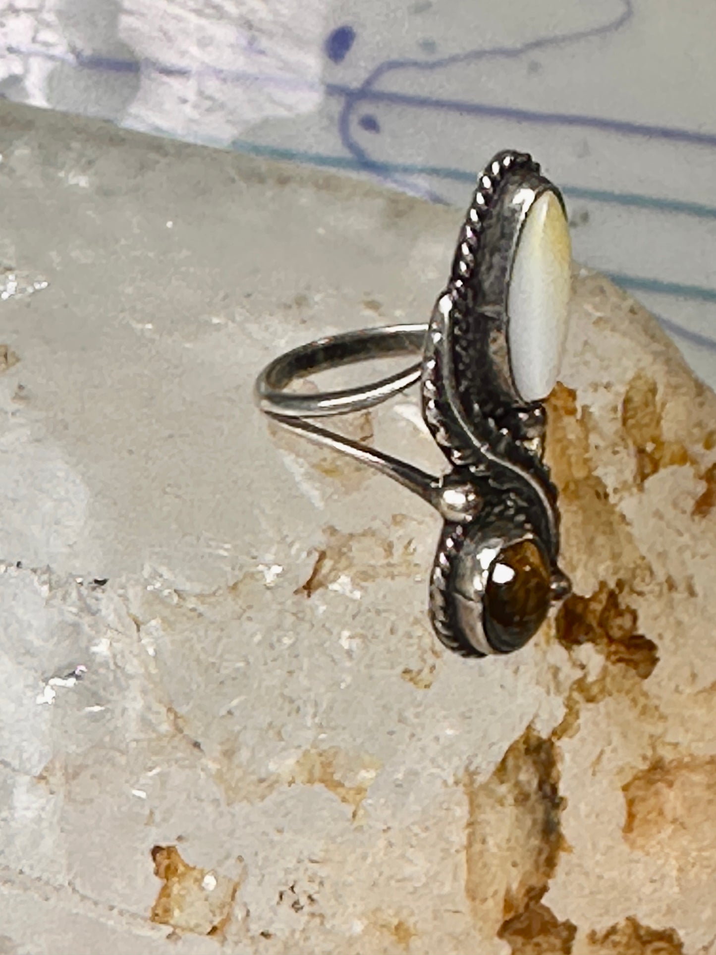 Navajo ring Mop Long  mother of pearl tiger eye size 4 sterling silver women girls