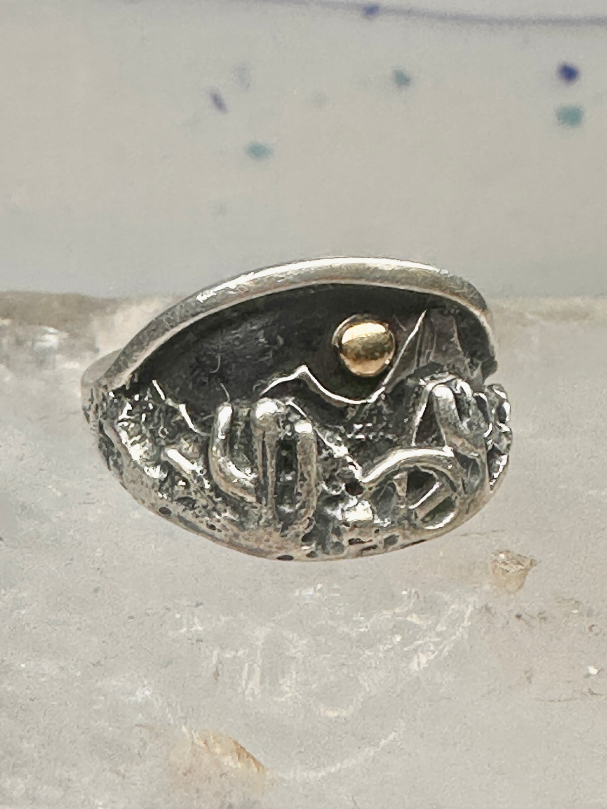 Vintage Sterling Silver Gold Accent Mixed Metal Desert Landscape Cactus Ring Size 8.50