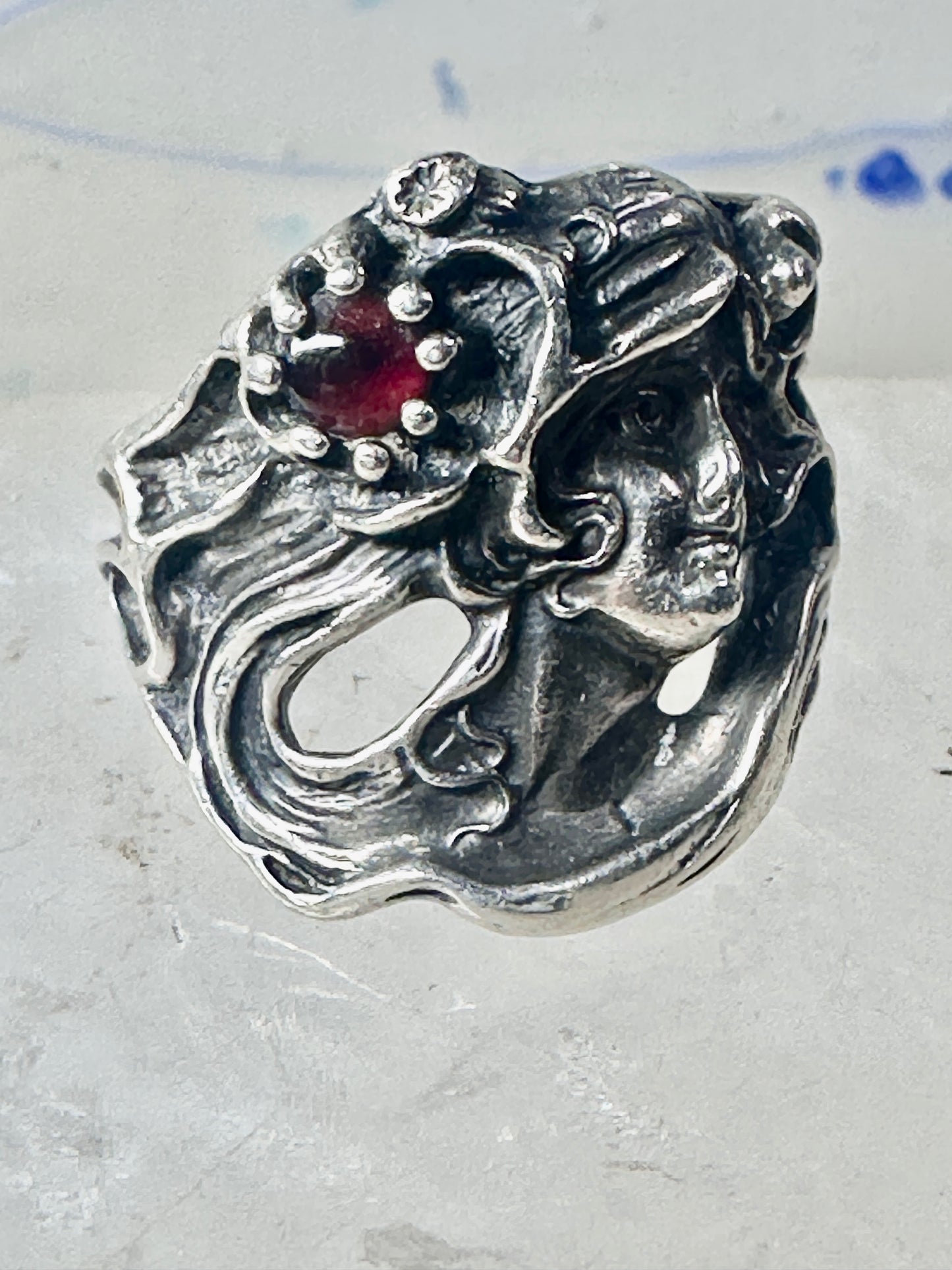 Face ring art deco style flower floral band sterling silver size 7 girls women girls