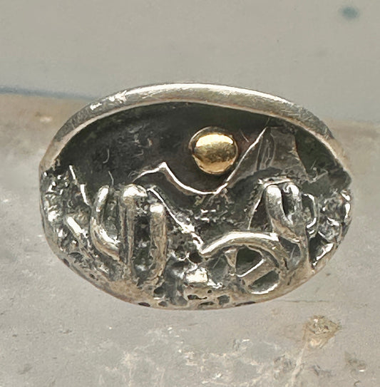 Vintage Sterling Silver Gold Accent Mixed Metal Desert Landscape Cactus Ring Size 8.50