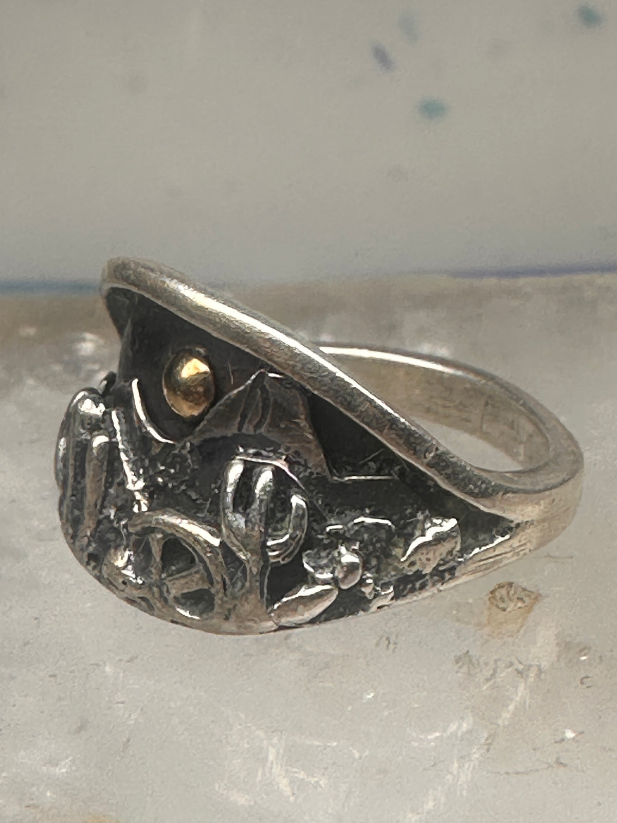 Vintage Sterling Silver Gold Accent Mixed Metal Desert Landscape Cactus Ring Size 8.50