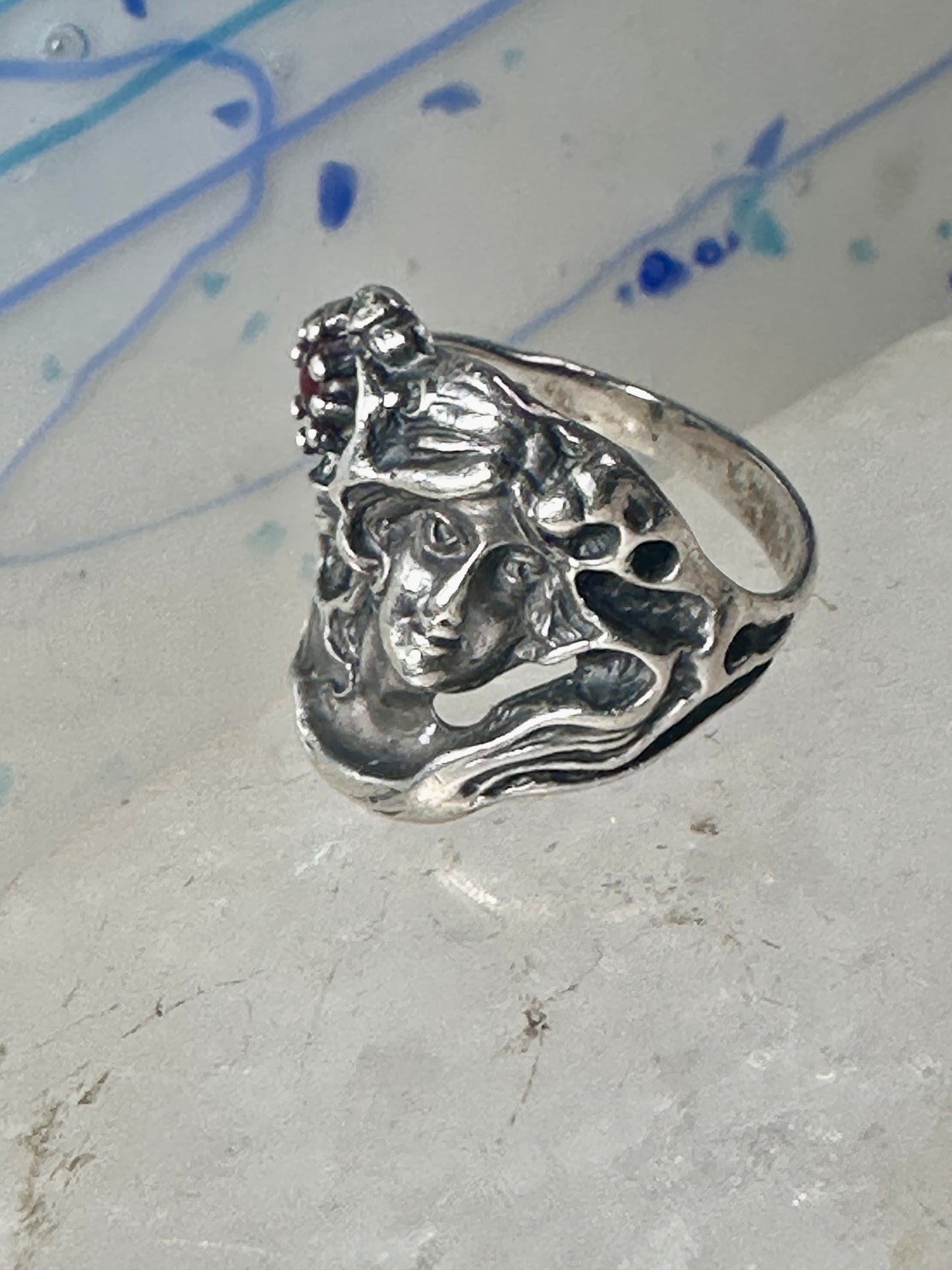 Face ring art deco style flower floral band sterling silver size 7 girls women girls