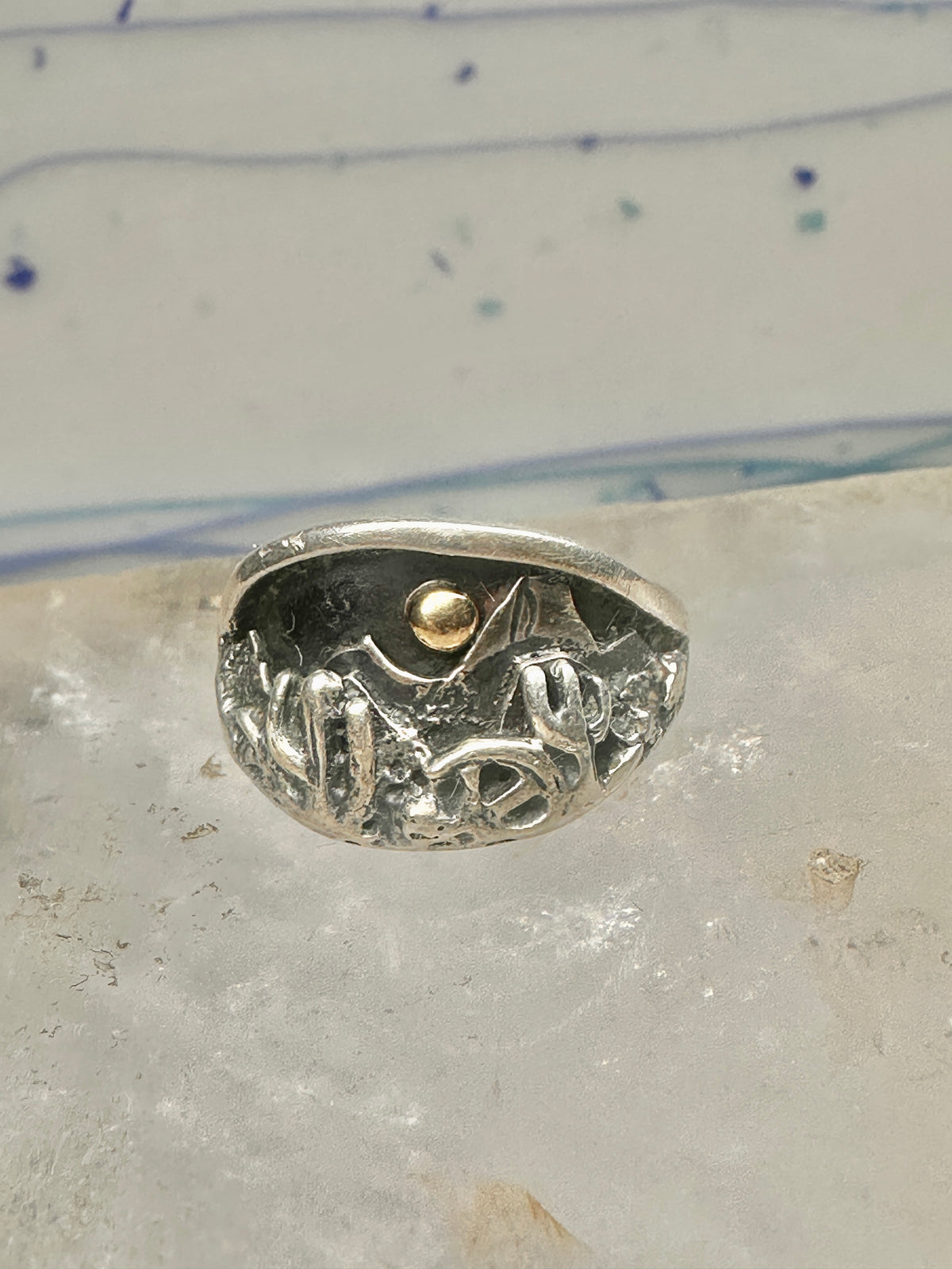 Vintage Sterling Silver Gold Accent Mixed Metal Desert Landscape Cactus Ring Size 8.50