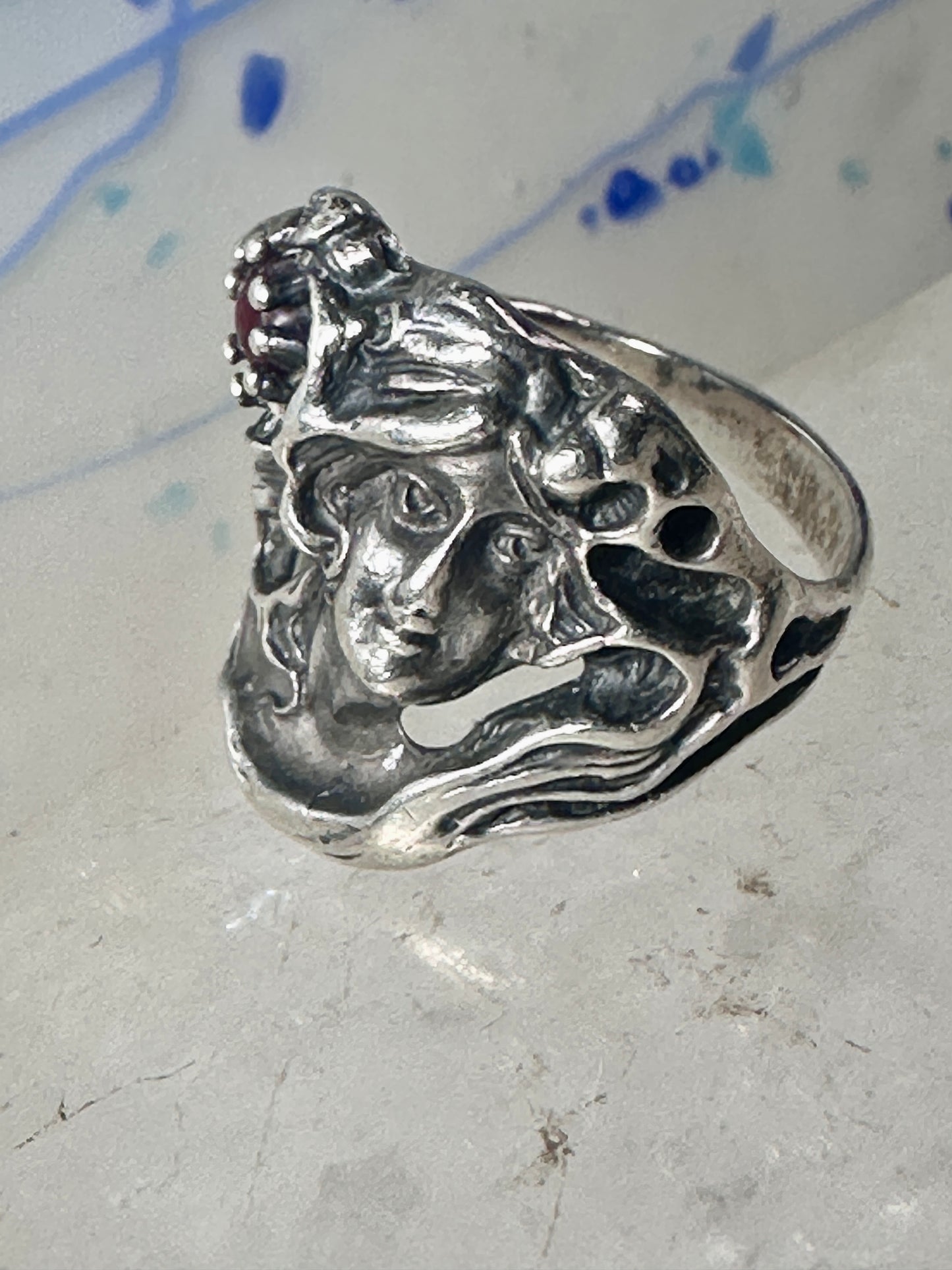 Face ring art deco style flower floral band sterling silver size 7 girls women girls