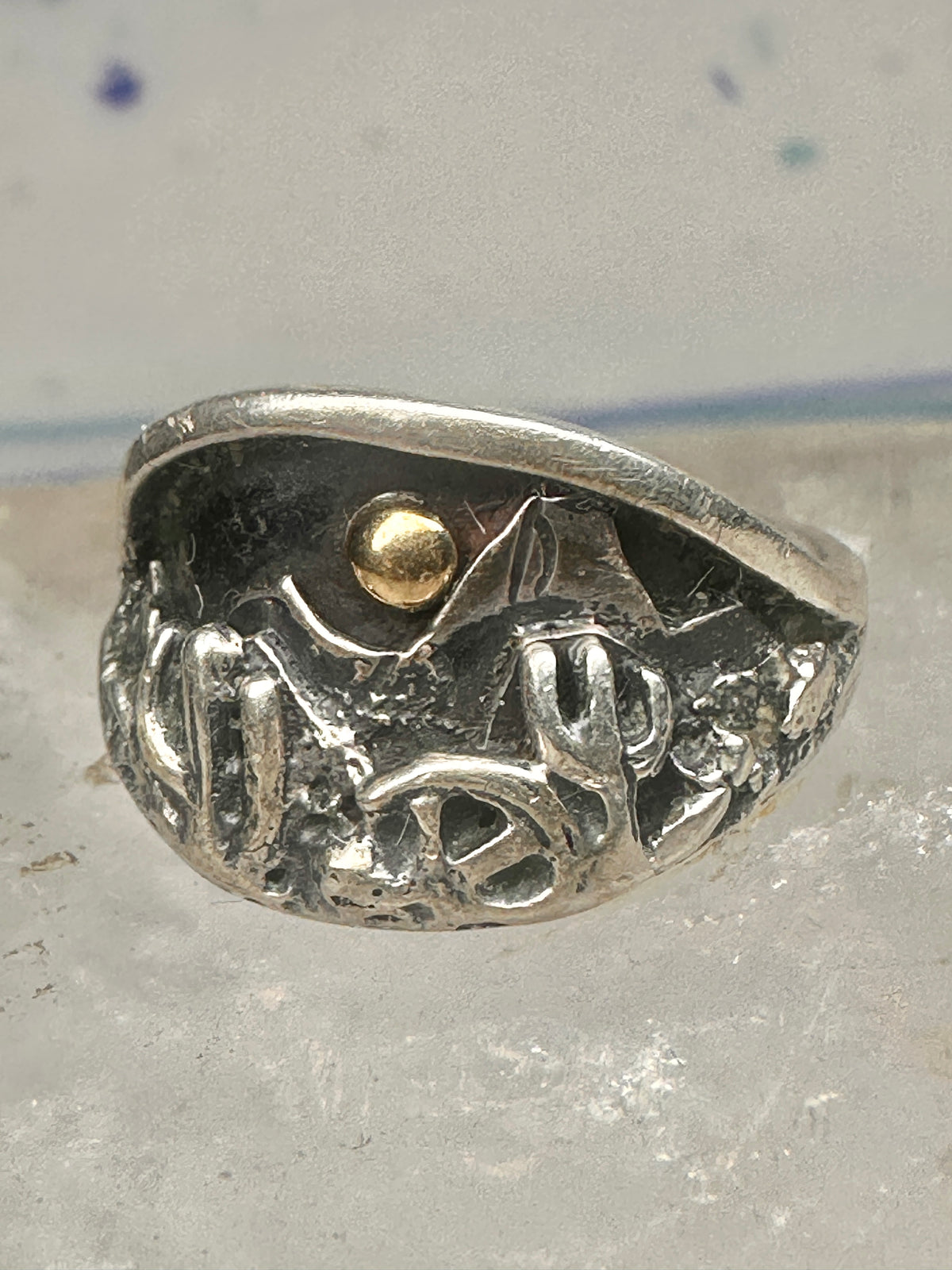 Vintage Sterling Silver Gold Accent Mixed Metal Desert Landscape Cactus Ring Size 8.50