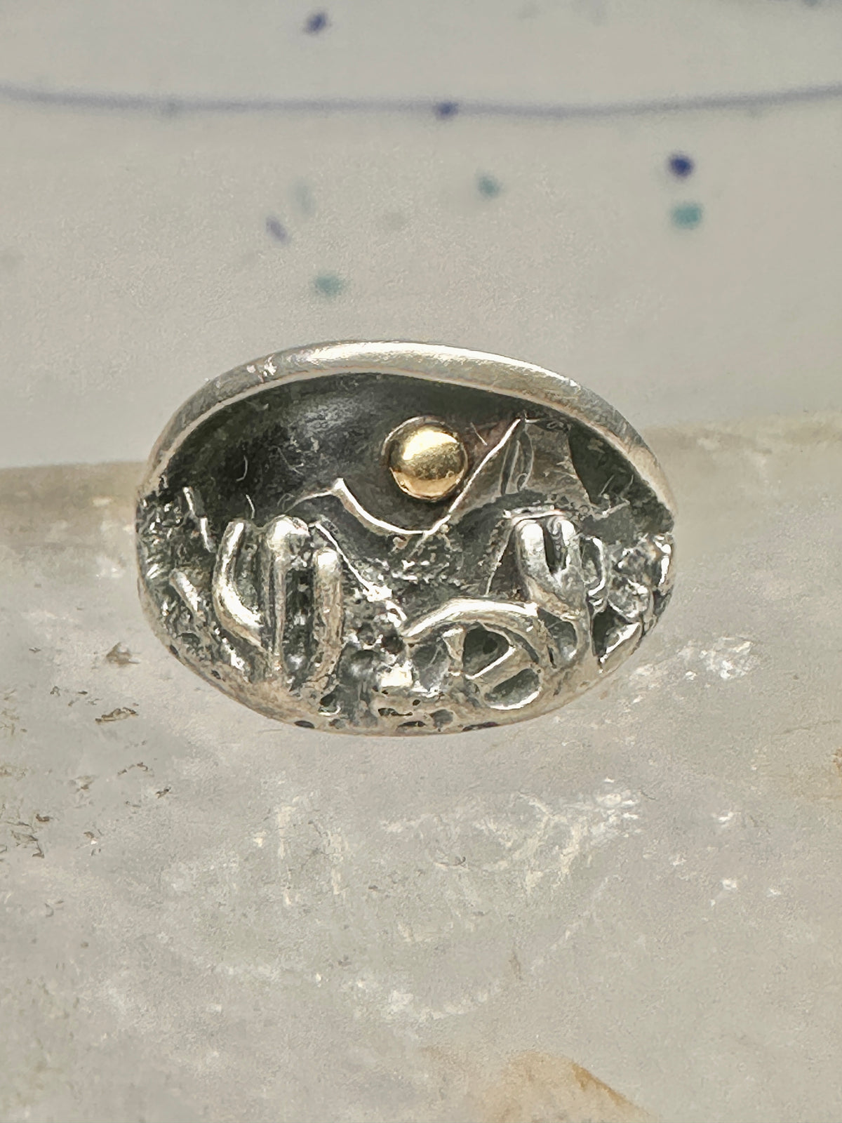 Vintage Sterling Silver Gold Accent Mixed Metal Desert Landscape Cactus Ring Size 8.50
