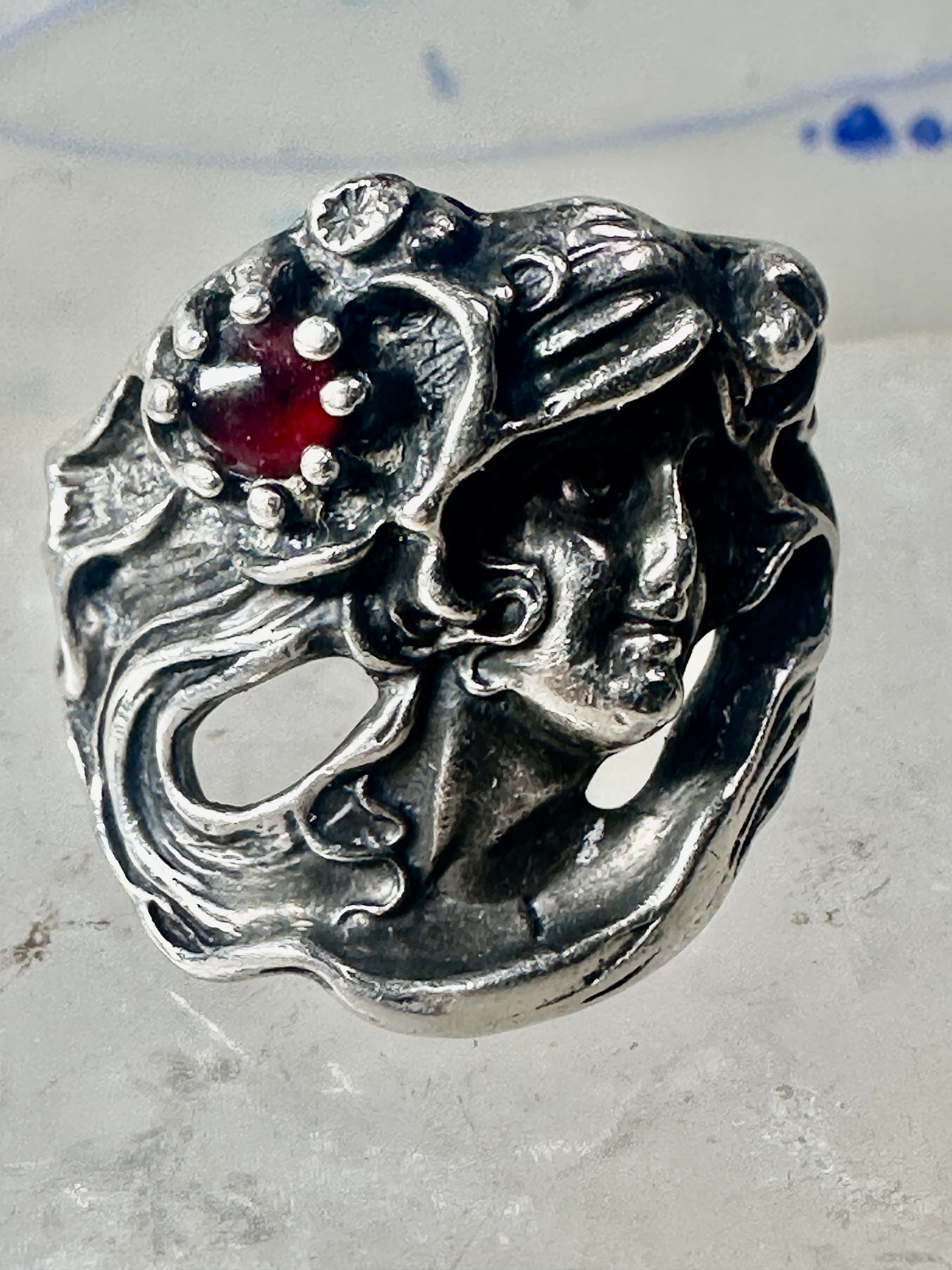 Face ring art deco style flower floral band sterling silver size 7 girls women girls