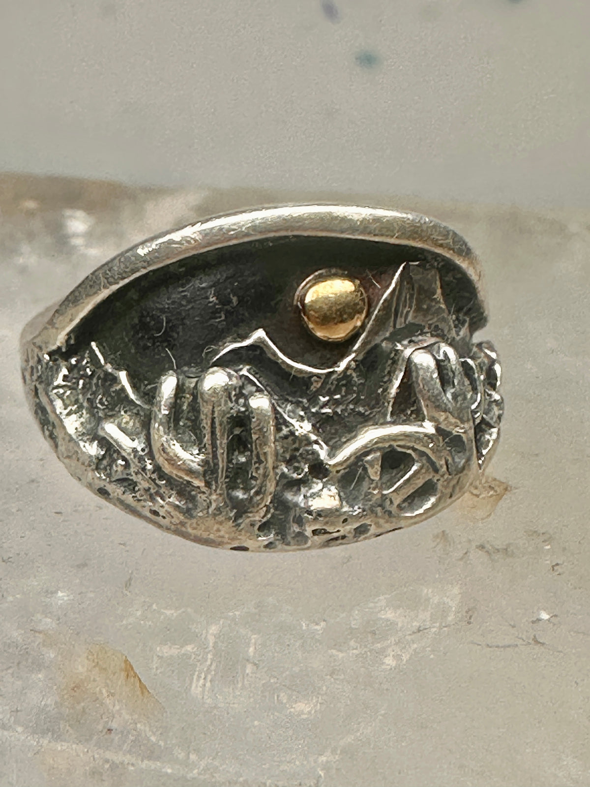 Vintage Sterling Silver Gold Accent Mixed Metal Desert Landscape Cactus Ring Size 8.50