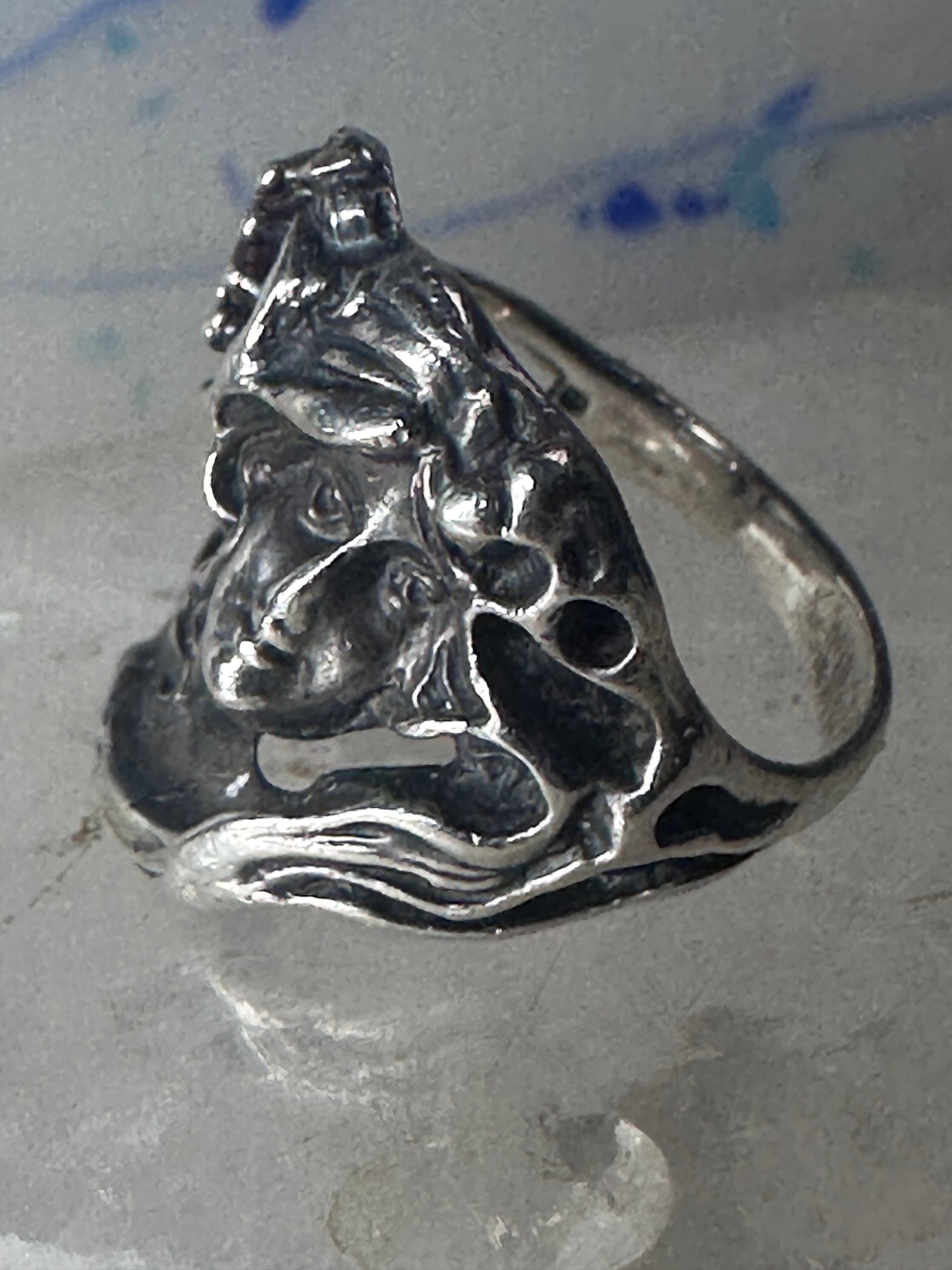 Face ring art deco style flower floral band sterling silver size 7 girls women girls