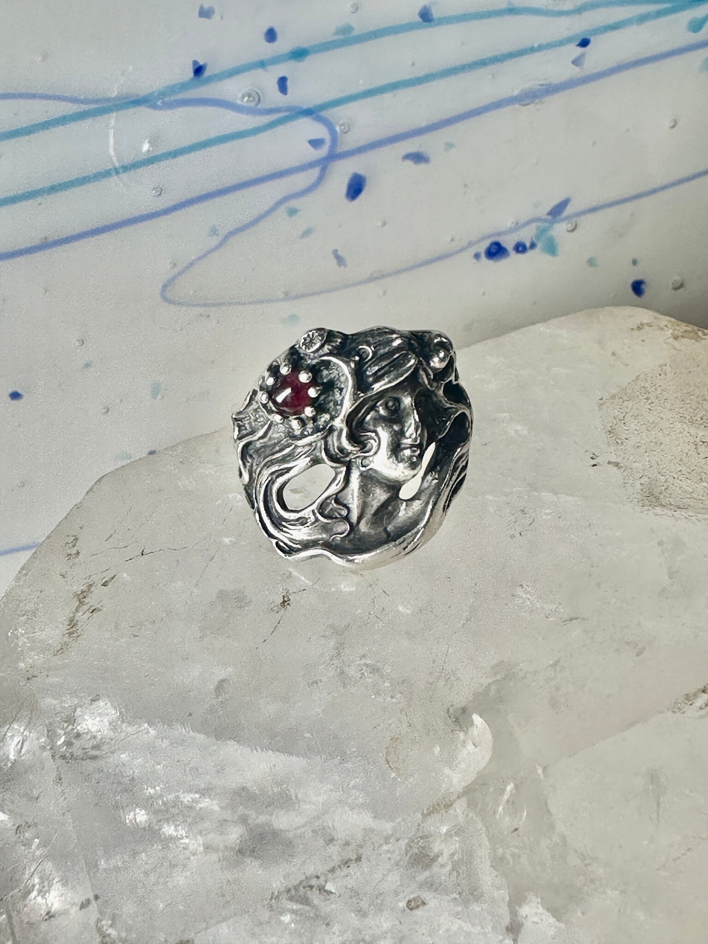 Face ring art deco style flower floral band sterling silver size 7 girls women girls