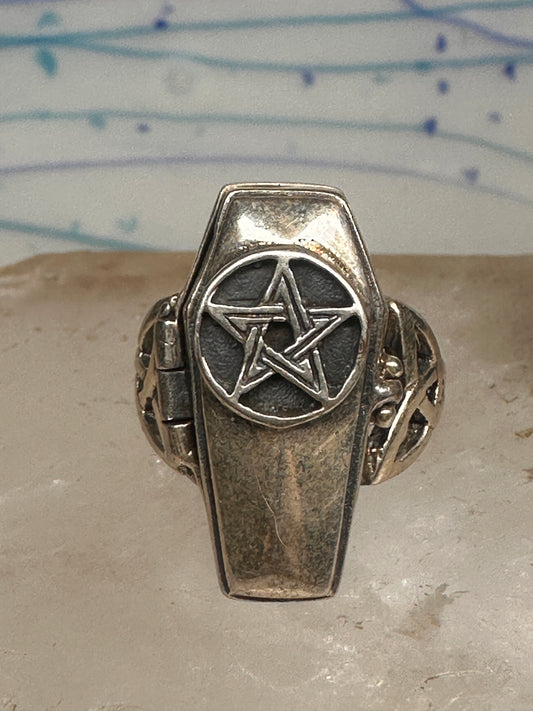 Vintage Sterling Silver Gothic Coffin Pentagram Secret Compartment Poison Ring Size 7.25