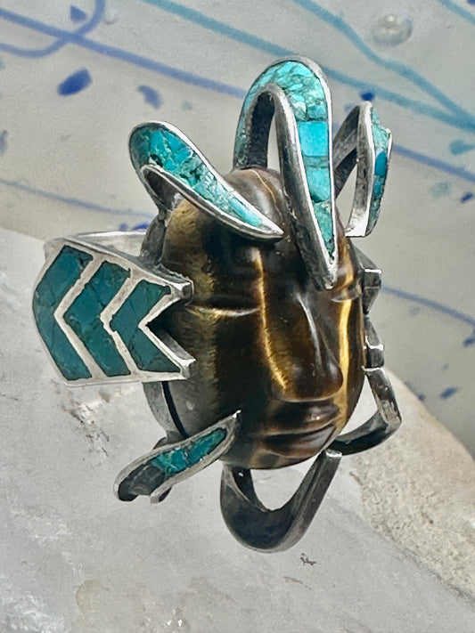 Face ring Mexican tiger eye turquoise chips band sterling silver size 7.75 Cecilia Tono Taxco