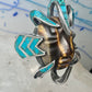 Face ring Mexican tiger eye turquoise chips band sterling silver size 7.75 Cecilia Tono Taxco