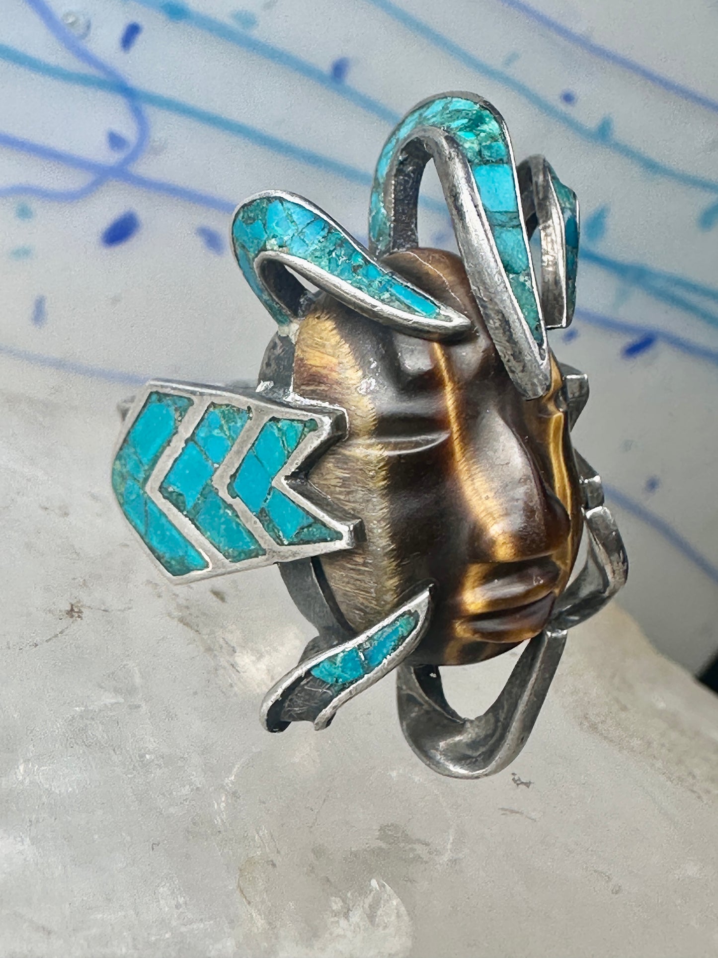 Face ring Mexican tiger eye turquoise chips band sterling silver size 7.75 Cecilia Tono Taxco