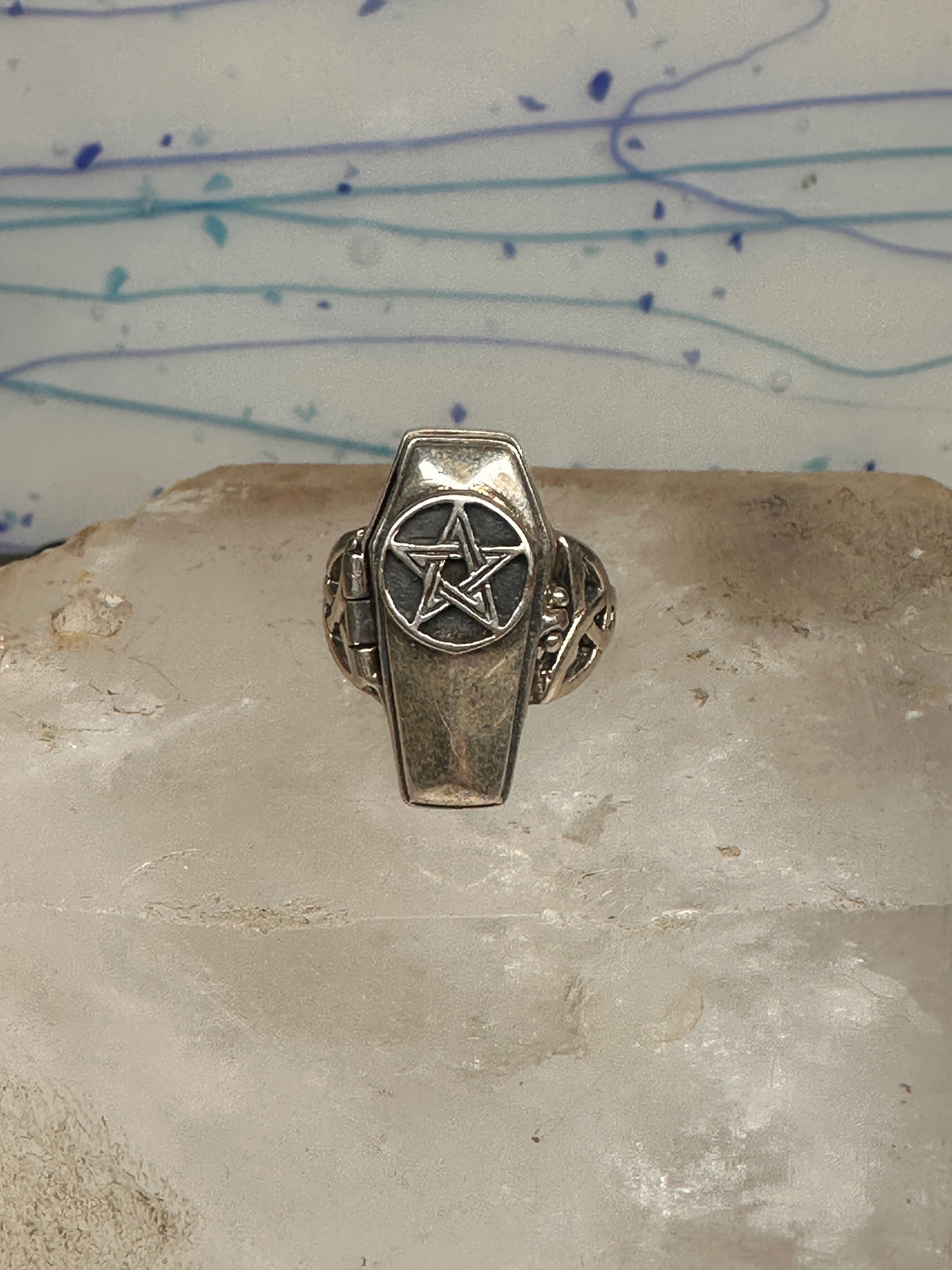 Vintage Sterling Silver Gothic Coffin Pentagram Secret Compartment Poison Ring Size 7.25