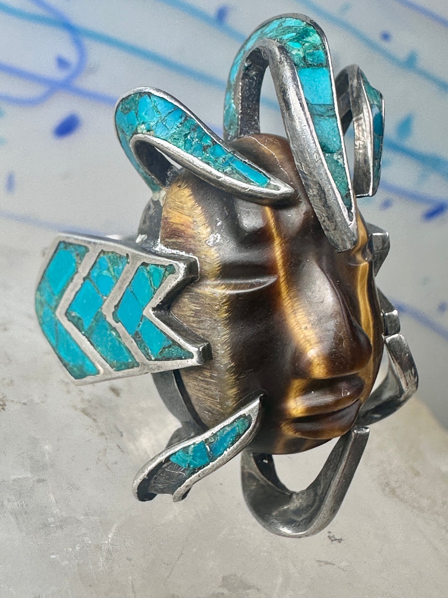 Face ring Mexican tiger eye turquoise chips band sterling silver size 7.75 Cecilia Tono Taxco