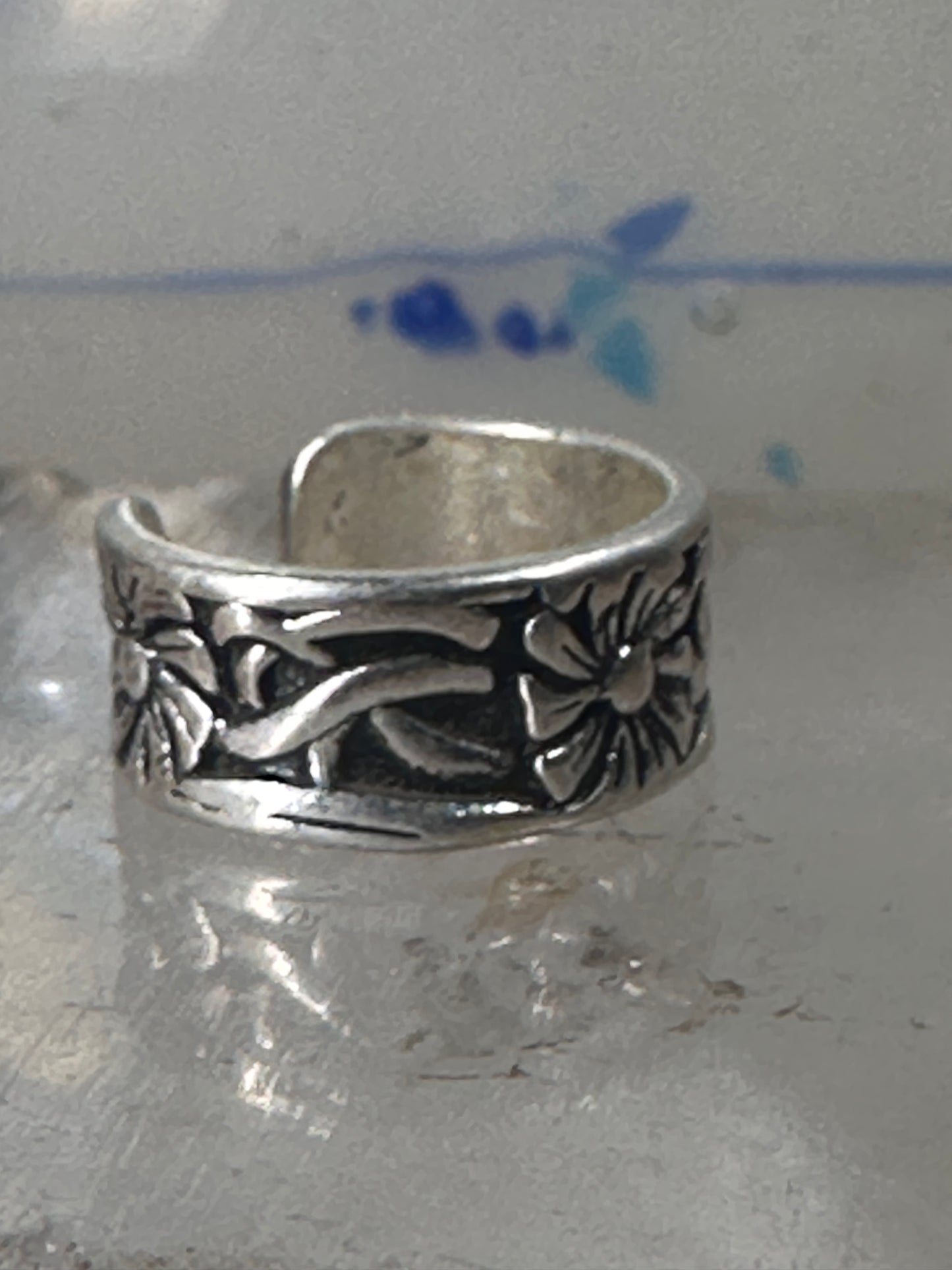 Wide floral ring toe band size 2 adjustable sterling silver women girls