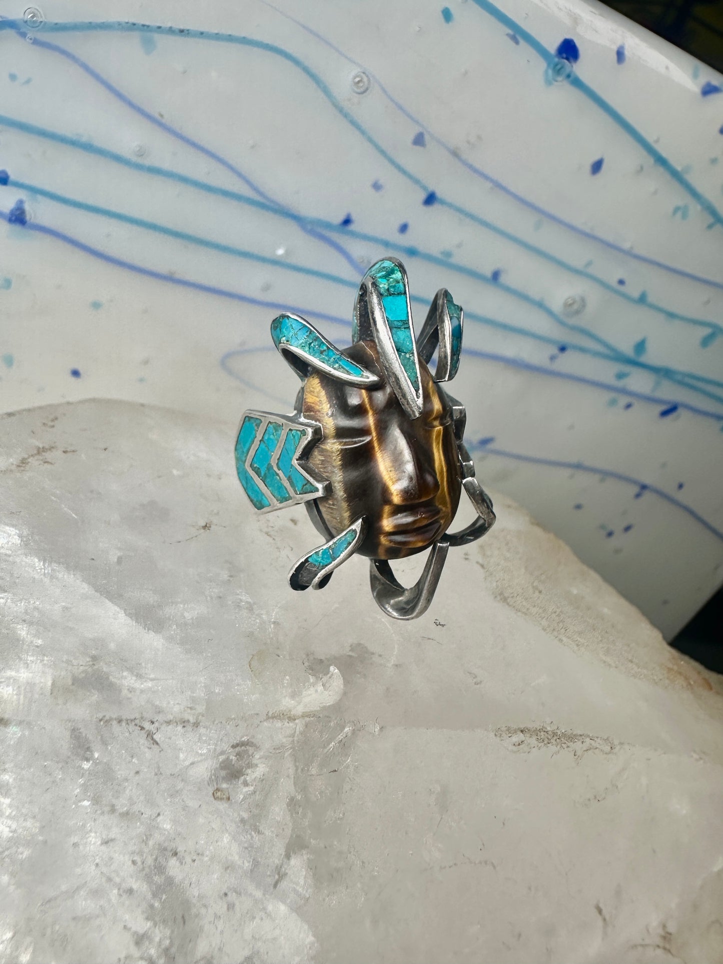 Face ring Mexican tiger eye turquoise chips band sterling silver size 7.75 Cecilia Tono Taxco