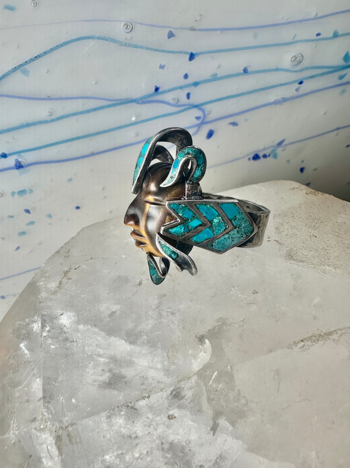 Face ring Mexican tiger eye turquoise chips band sterling silver size 7.75 Cecilia Tono Taxco